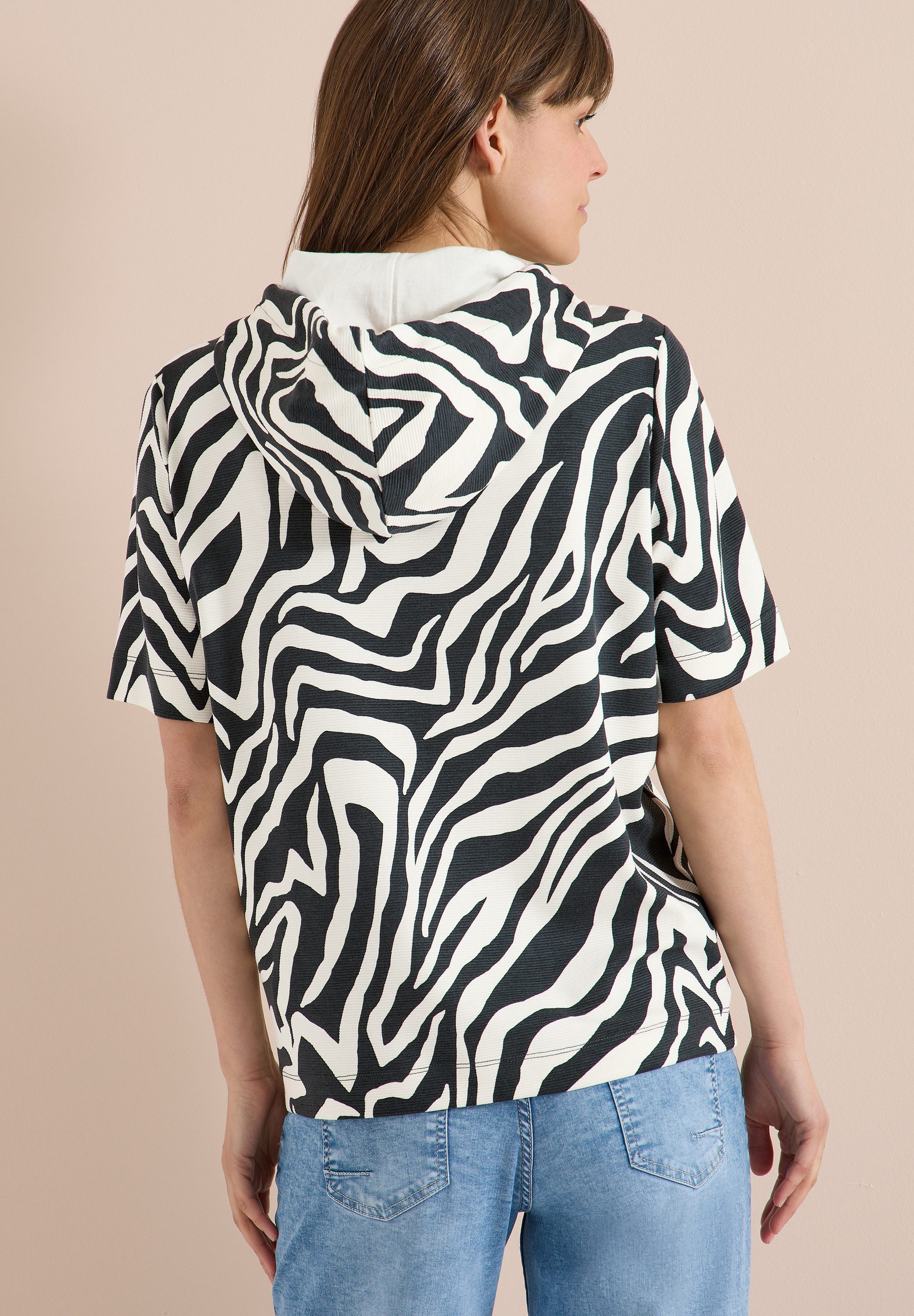 CECIL Kapuzensweatshirt Kurzarm-Shirt mit Kapuze und Zebraprint