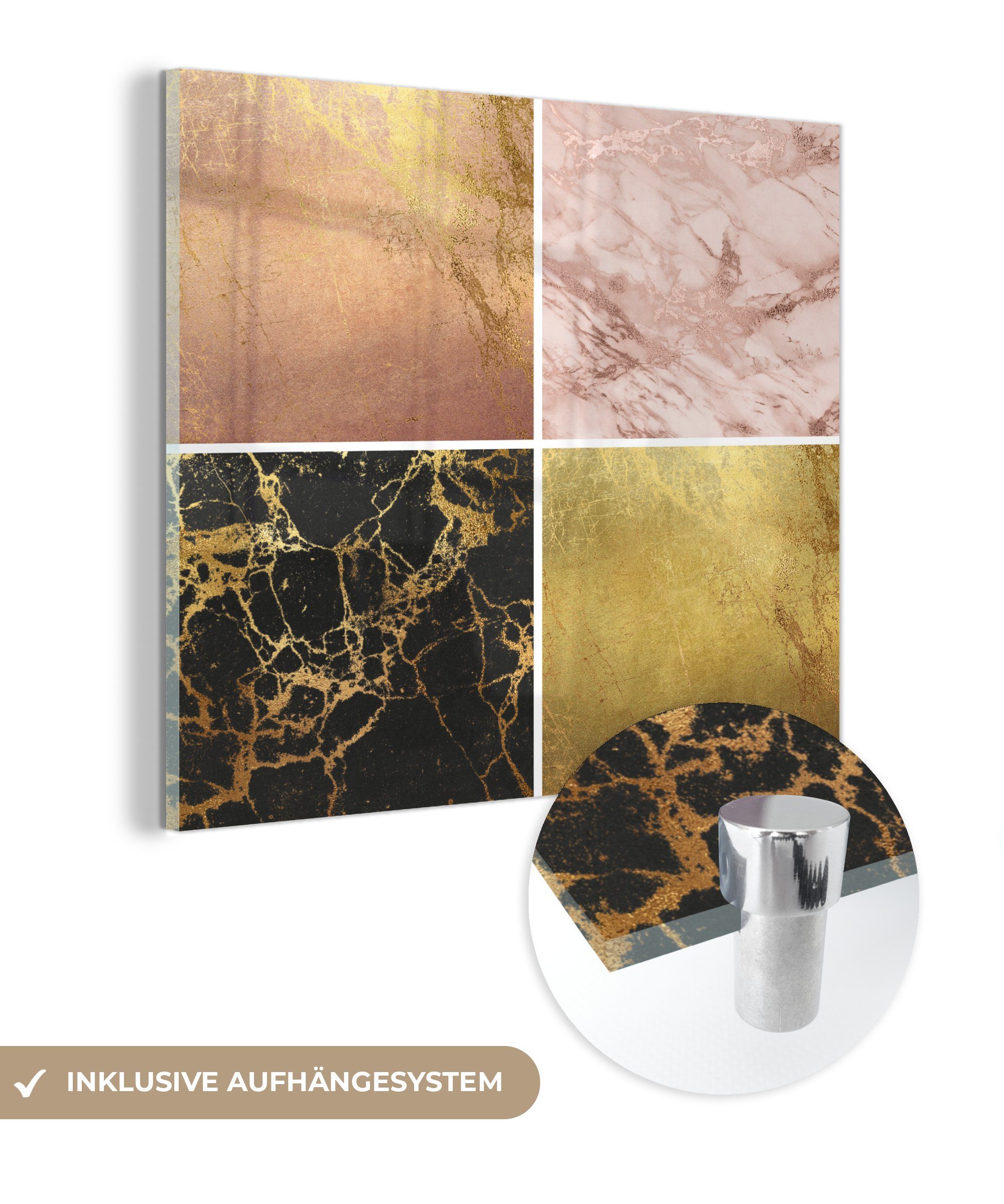 - Foto - auf - Glas Rose - Wandbild Acrylglasbild Marmor Gold, - Glas St), Glasbilder (1 MuchoWow Wanddekoration auf Bilder