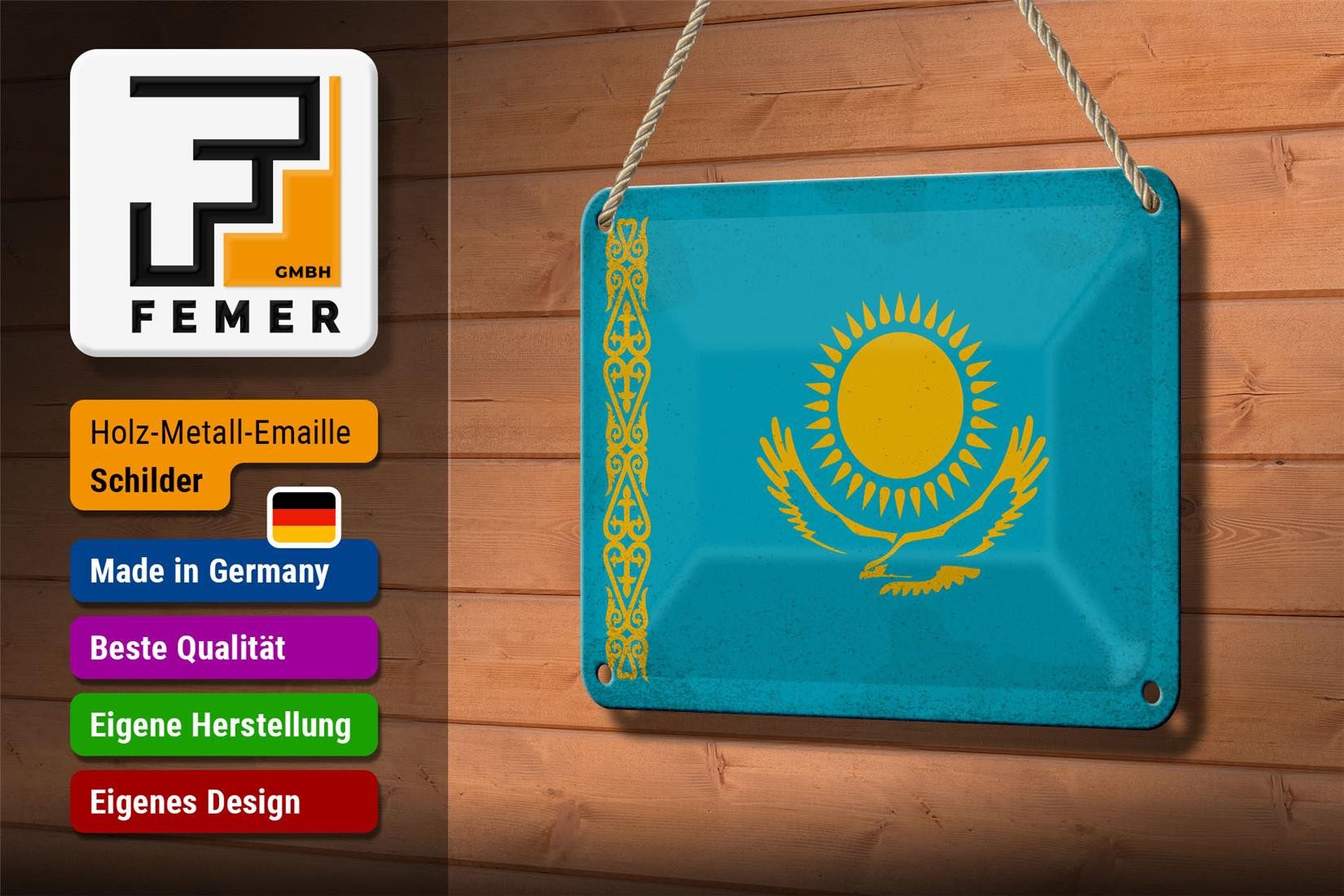 Femer GmbH Metallschild Flagge Kasachstan 18x12cm Kazakhstan Vintage, (1 St), gewölbte Oberfläche, abgerundete Ecken, umgeschlagene Kanten