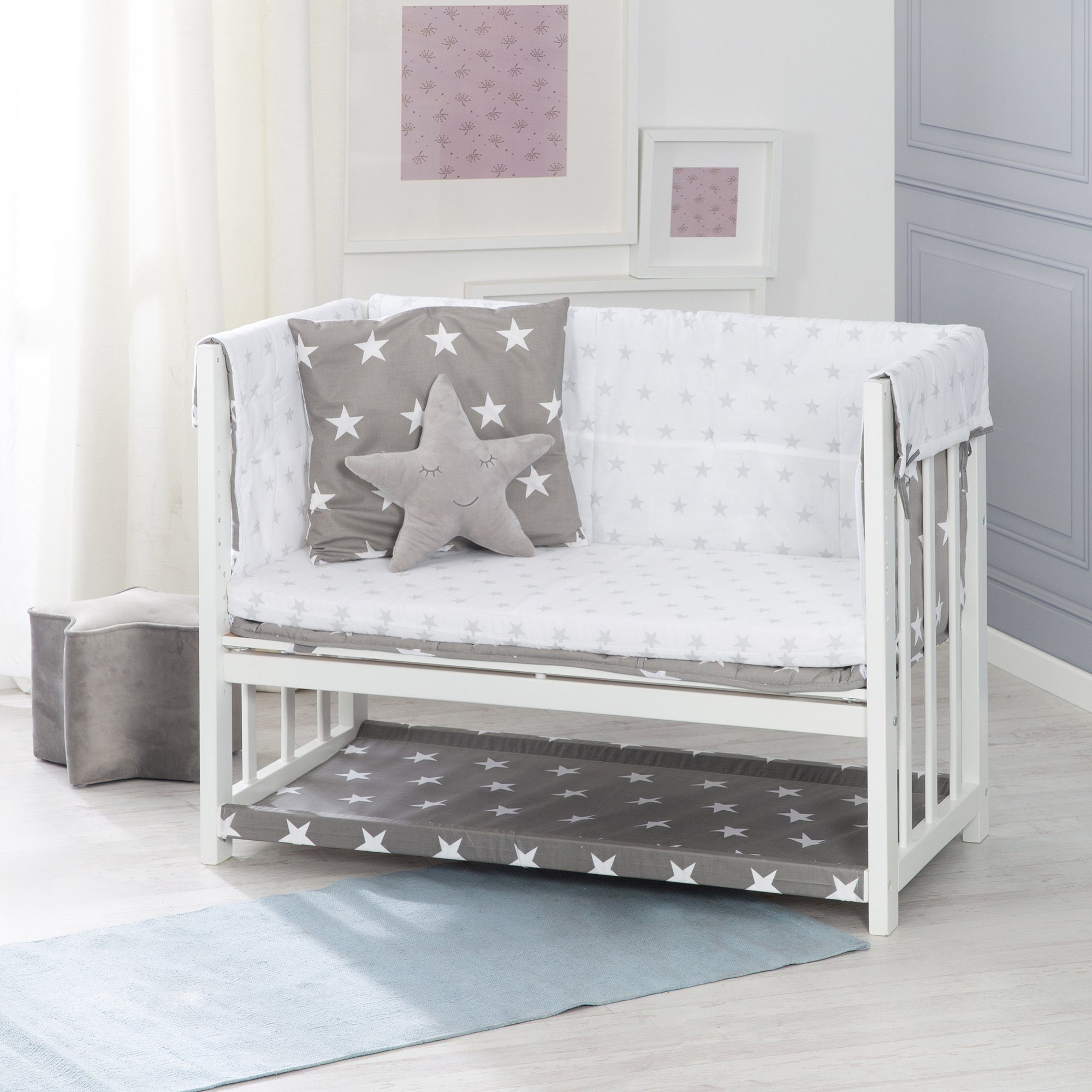 Möbel Babymöbel roba® Stubenbett 3in1, Little Stars, weiß, zu Elternbett oder Bank umbaubar