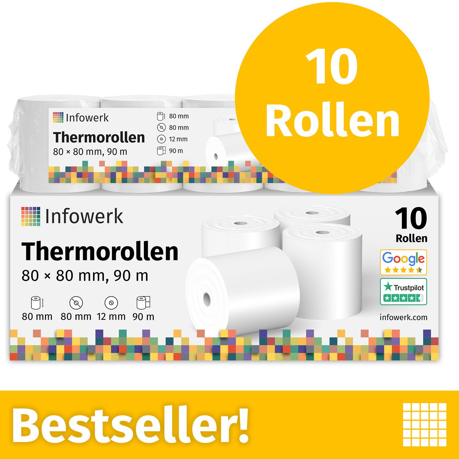 Infowerk Endlospapier Thermorollen, 80 x 80 x 12mm, 90m, PEFC, Für EPSON, IBM, u.v.m., PEFC-Zertifikat (GFA-PEFC-COC-500582)