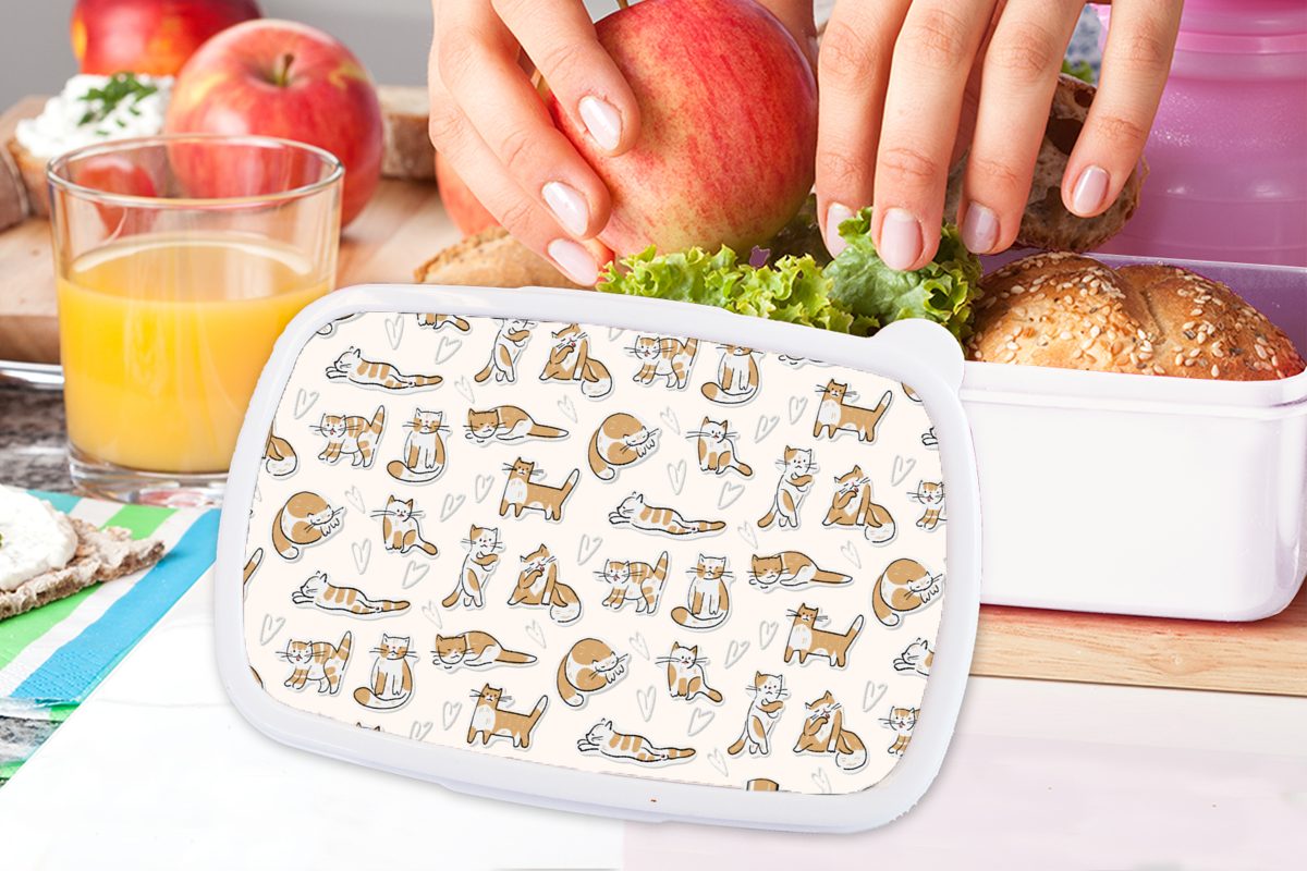 MuchoWow Lunchbox (2-tlg), - Brotdose, Jungs Kunststoff, Tiere, Kinder und weiß Mädchen und Erwachsene, Katze - für Brotbox für Muster