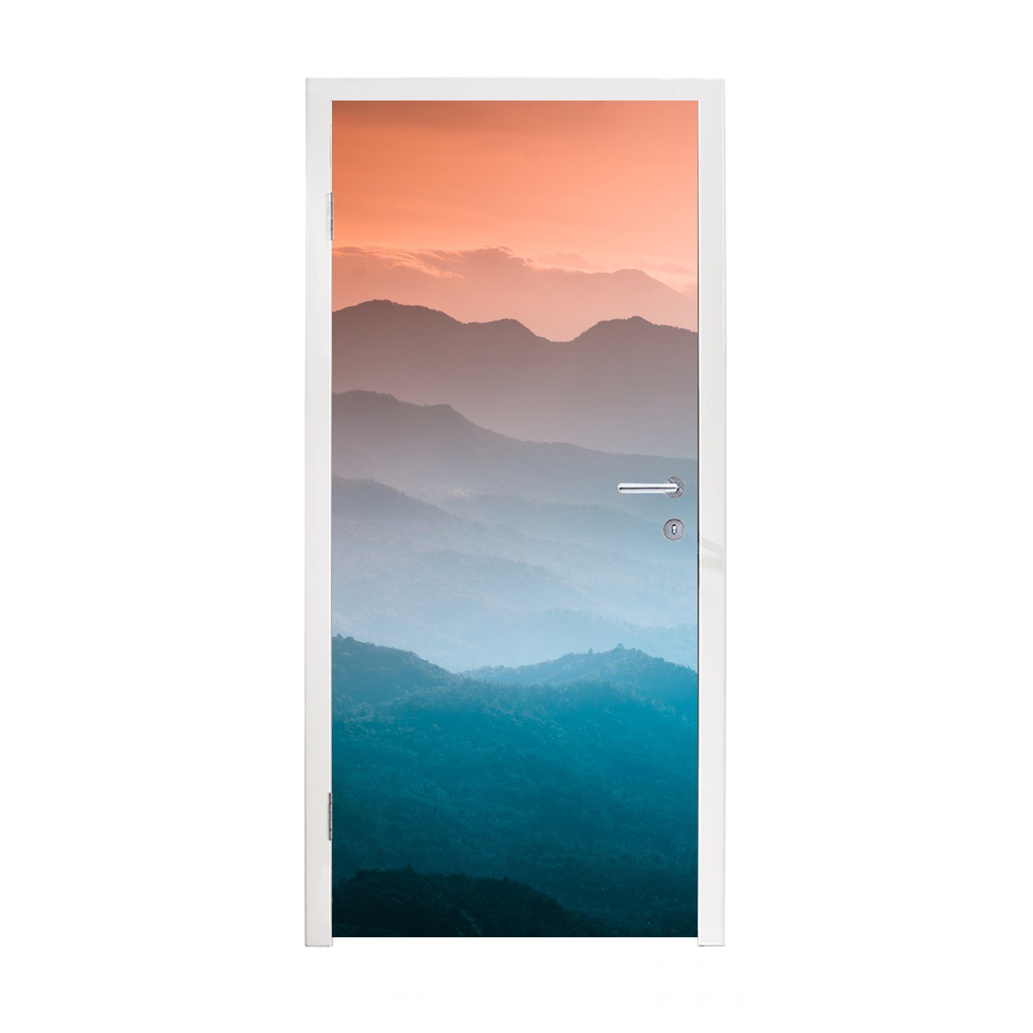 Türtapete Berge bedruckt, Sonne - St), Natur, - MuchoWow Fototapete cm für 75x205 Tür, Matt, - Türaufkleber, Orange (1