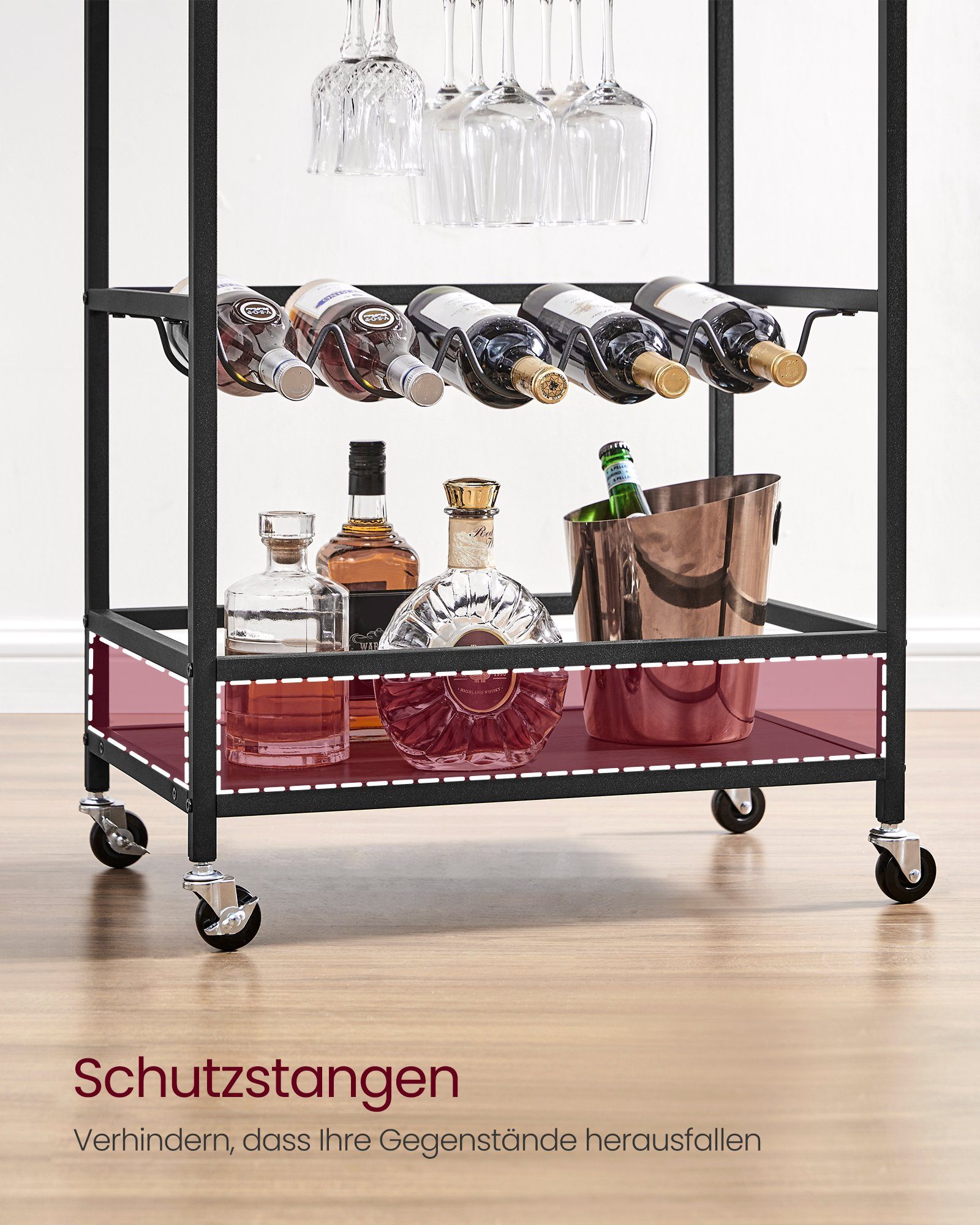 VASAGLE Servierwagen, Küchenwagen, cm Weinglashalter, Steingrau-Schwarz 60 40 82 x x