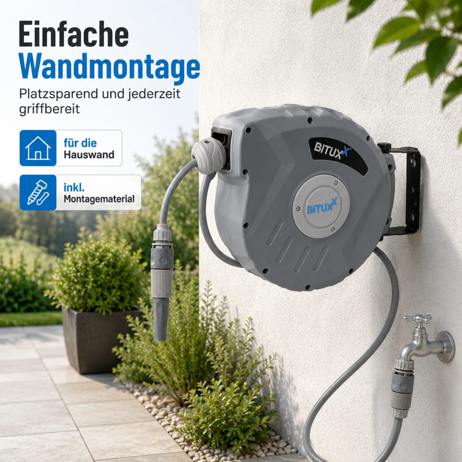 Bituxx Schlauchtrommel Wasser - 10 Meter Wand Wasserschlauchtrommel mit Automatik Aufroller, (1-tlg., MS-17755) – Bild 2 von 5