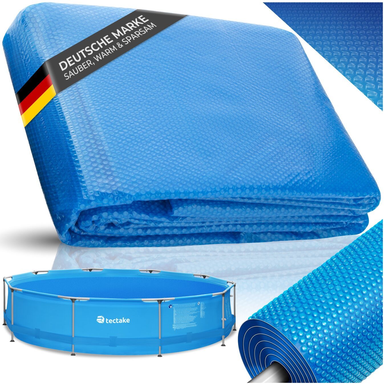 tectake Pool-Abdeckplane Pool-Solarfolie, platzsparend verstaubar, Durchmesser 250 cm (Schwimmbadabdeckung, in blau), rund und selbstschwimmend, zuschneidbar, Stärke 110 μm