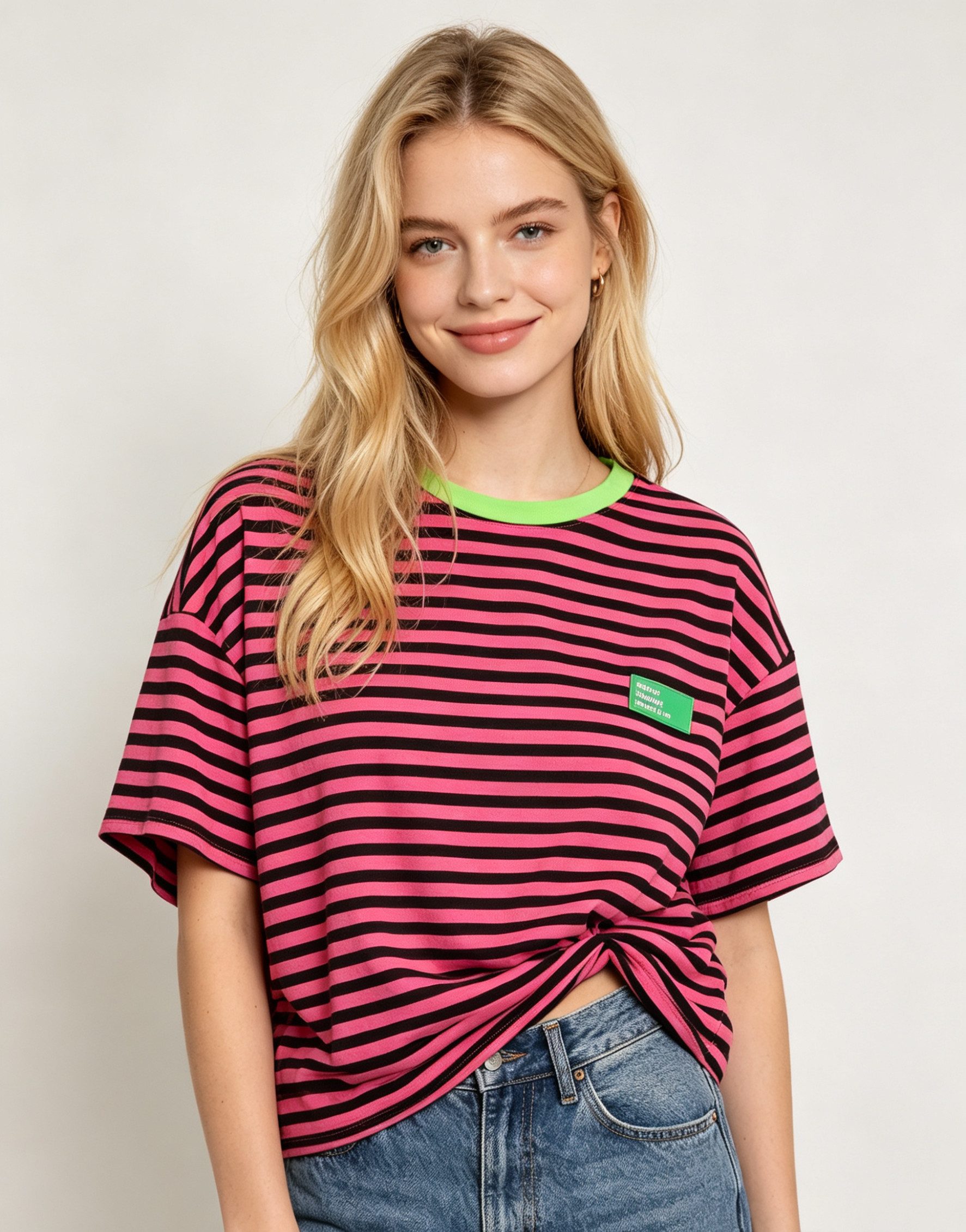 MIRROSI Sweatshirt Damen Kurzarm T Shirt Oversize Neonfarben Streifenmuster Ringelshirt, One Size Passform (ca. Gr. 34–40); Made in Italy