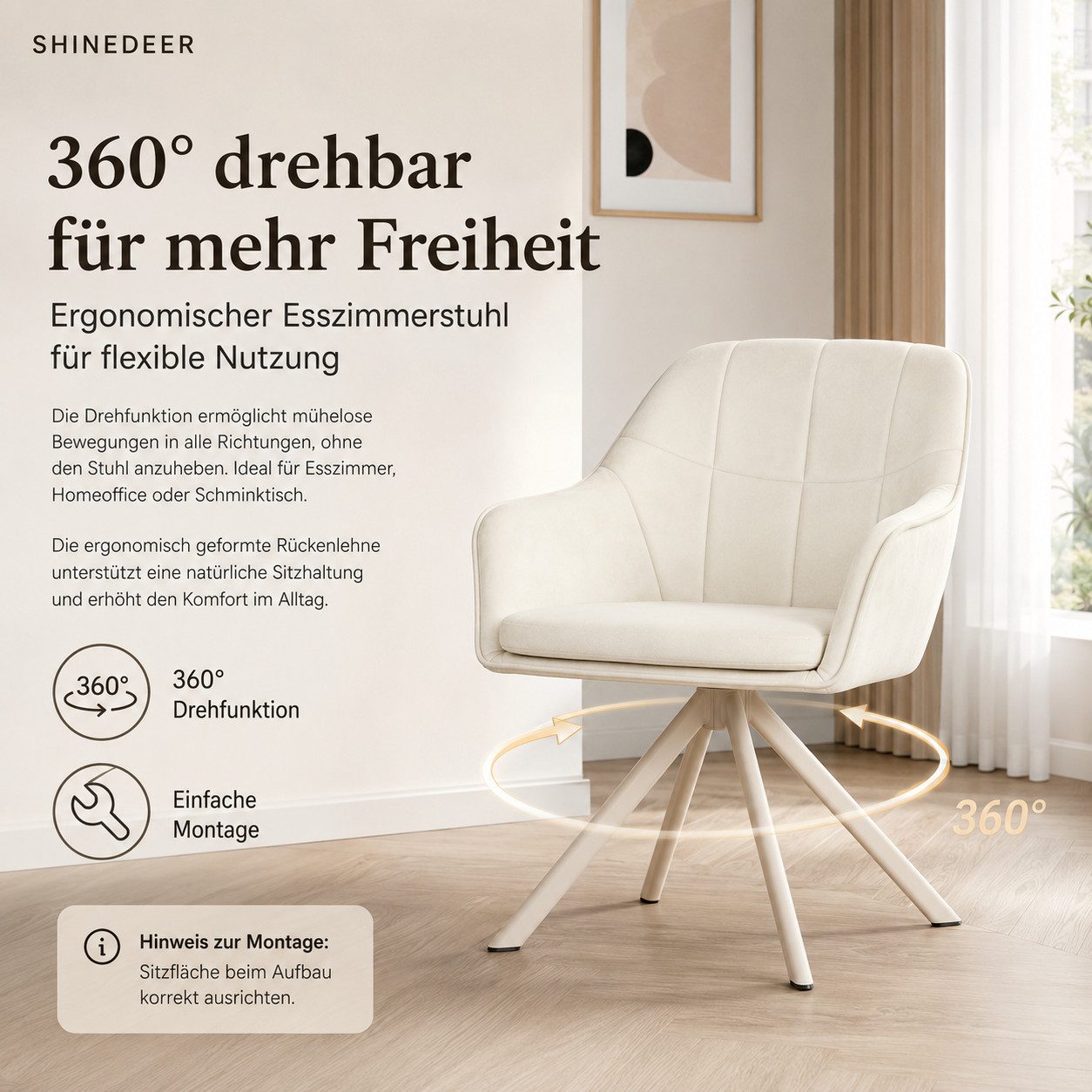 SHINEDEER Polsterstuhl Drehbarer Stuhl mit Armlehne (Set, 4 St), 360°-Drehfunktion, Samtbezug, inkl. Kratzschutz-Matten – Bild 5 von 5
