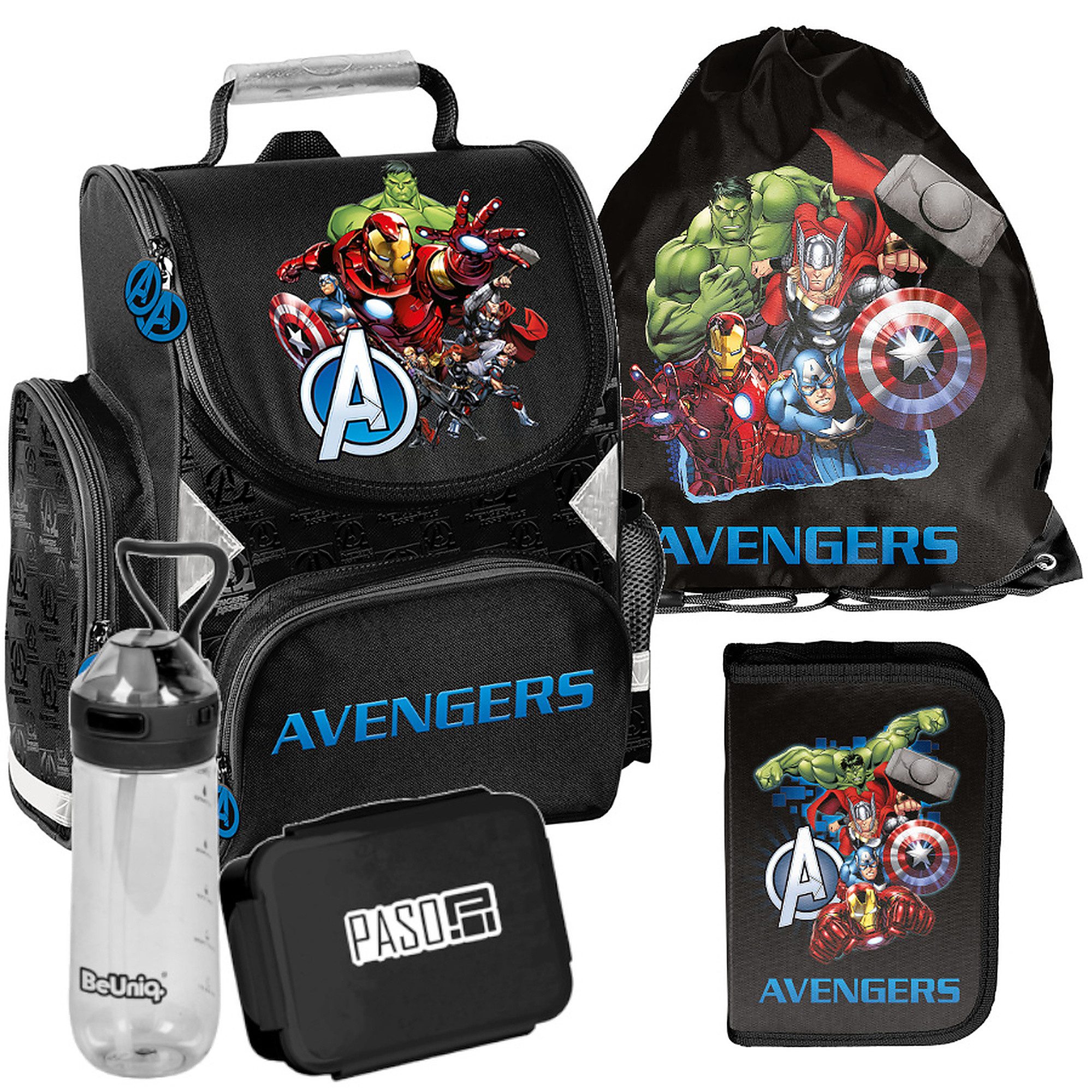 PASO Schulrucksack Mega-Set Marvel Avengers (Schulset, 5-tlg), Rucksack + Turnbeutel + Federmäppchen + Lunchbox + Trinkflasche