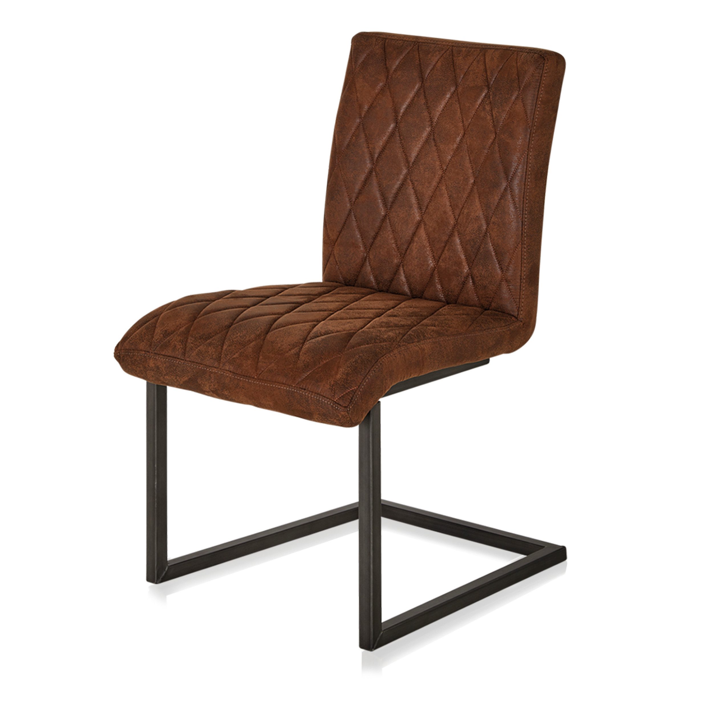 KHG Freischwinger Esszimmerstuhl Mikrofaser Braun, bis 110 kg belastbar, Vintage Stil, gepolstert, Nosag-Wellenfederung, Metallgestell Schwarz