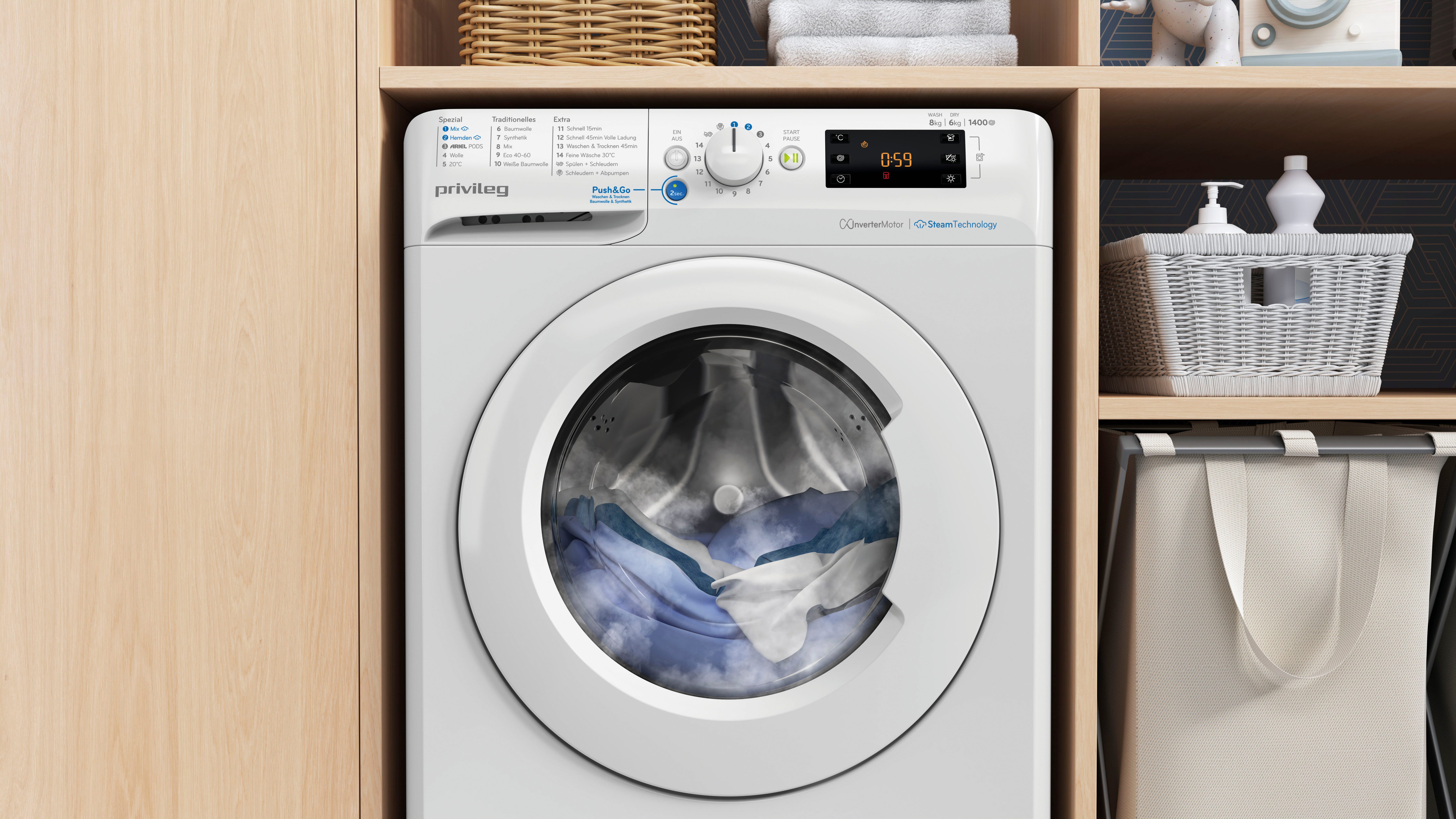 Privileg Waschtrockner PWWTV X 86140 C, 8 kg, 6 kg, Kurz 45' – bei voller Beladung