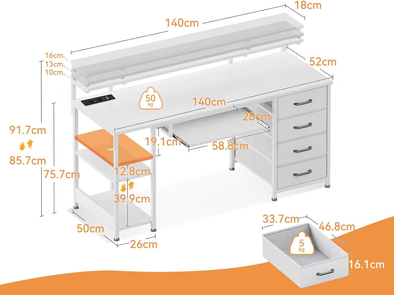 ODK Schreibtisch mit 4 Schubladen, Tastaturablage, Weiß, 140x52x92cm