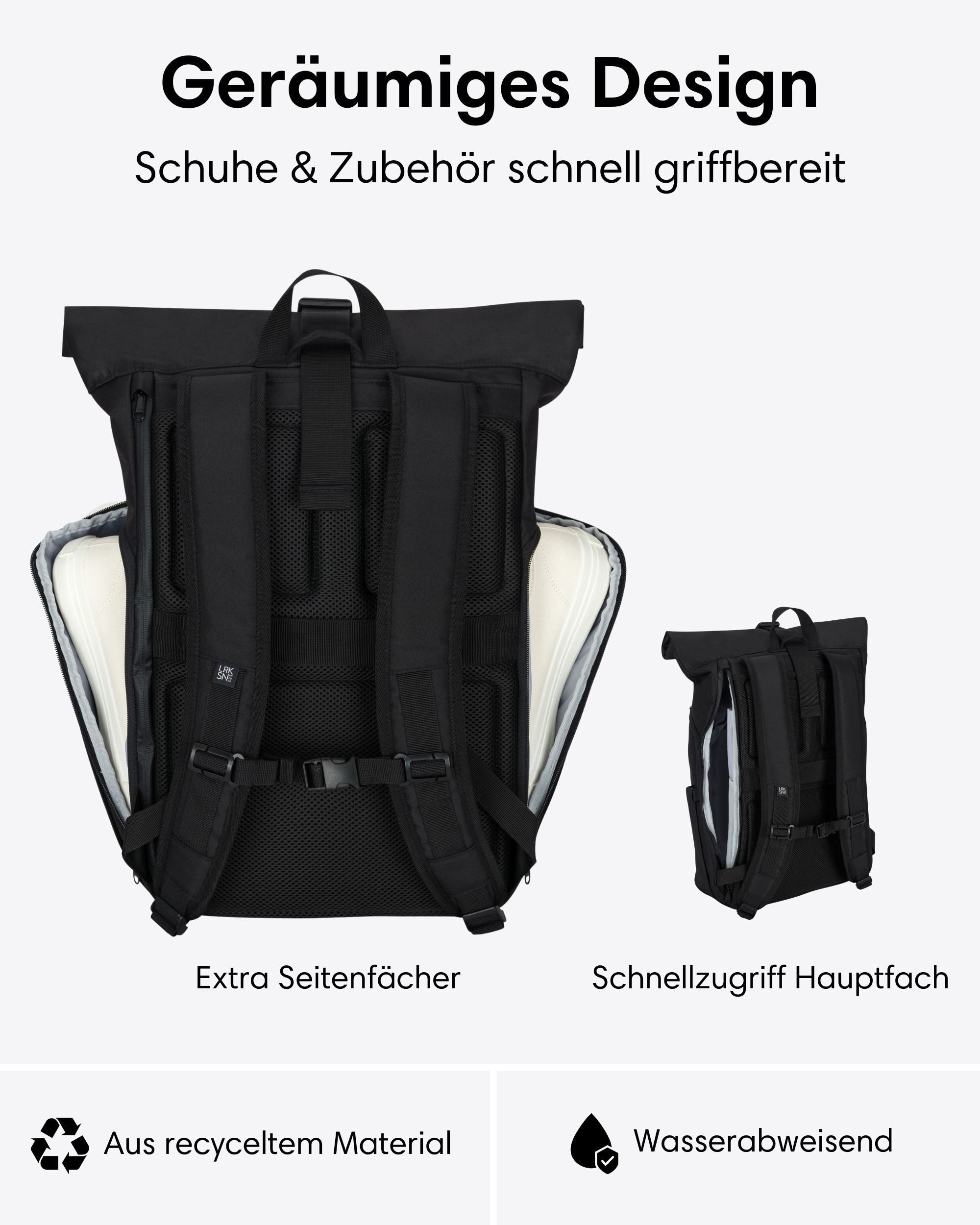 LARKSON Cityrucksack No 4 Large Rolltop Rucksack für Damen und Herren (1-tlg), Geräumiger Rolltop Rucksack für Reisen, Wasserabweisend
