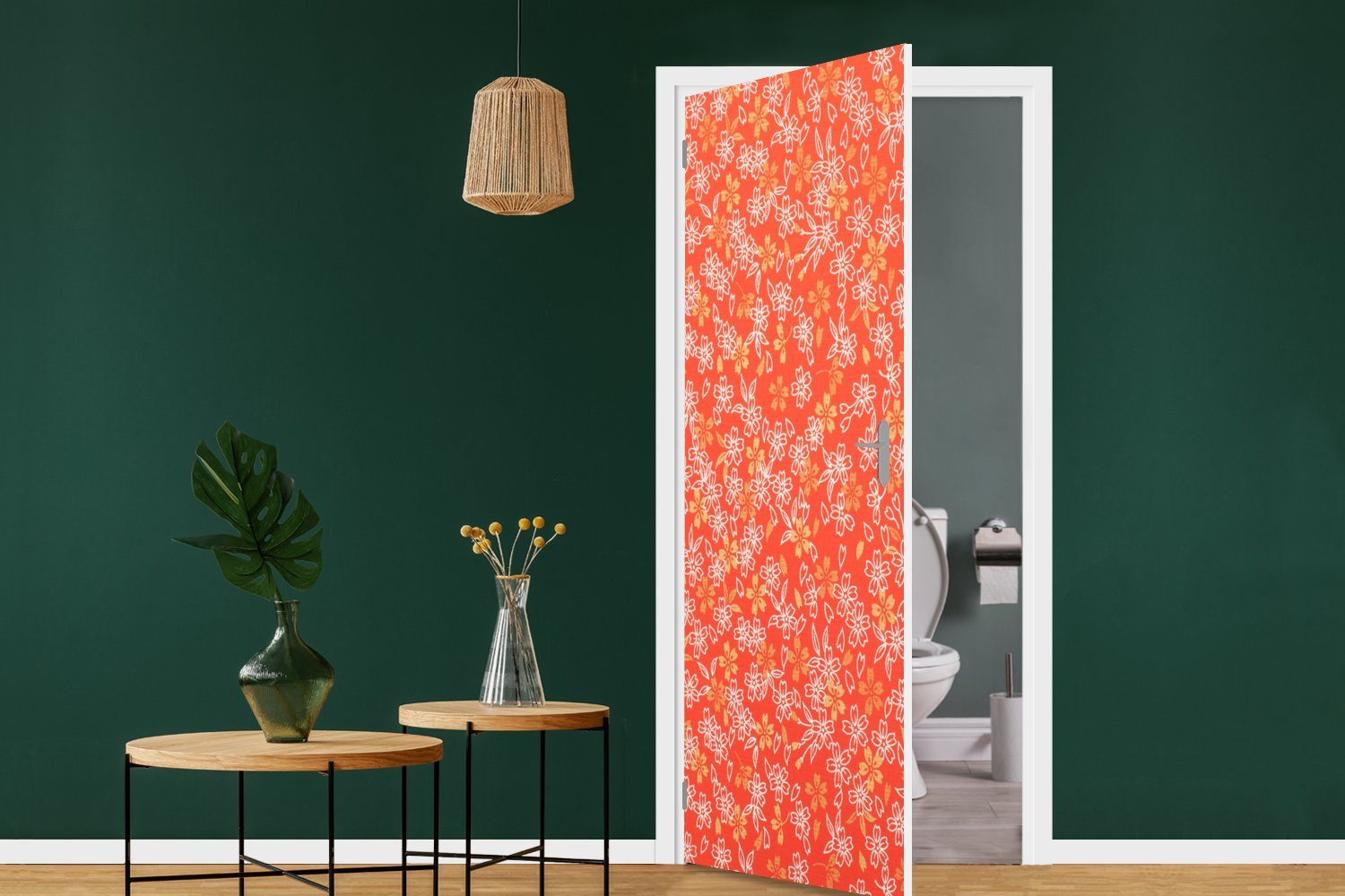 cm (1 Türtapete St), MuchoWow Fototapete Blumendesign, orange-weißes Ein 75x205 Matt, Tür, bedruckt, für Türaufkleber,