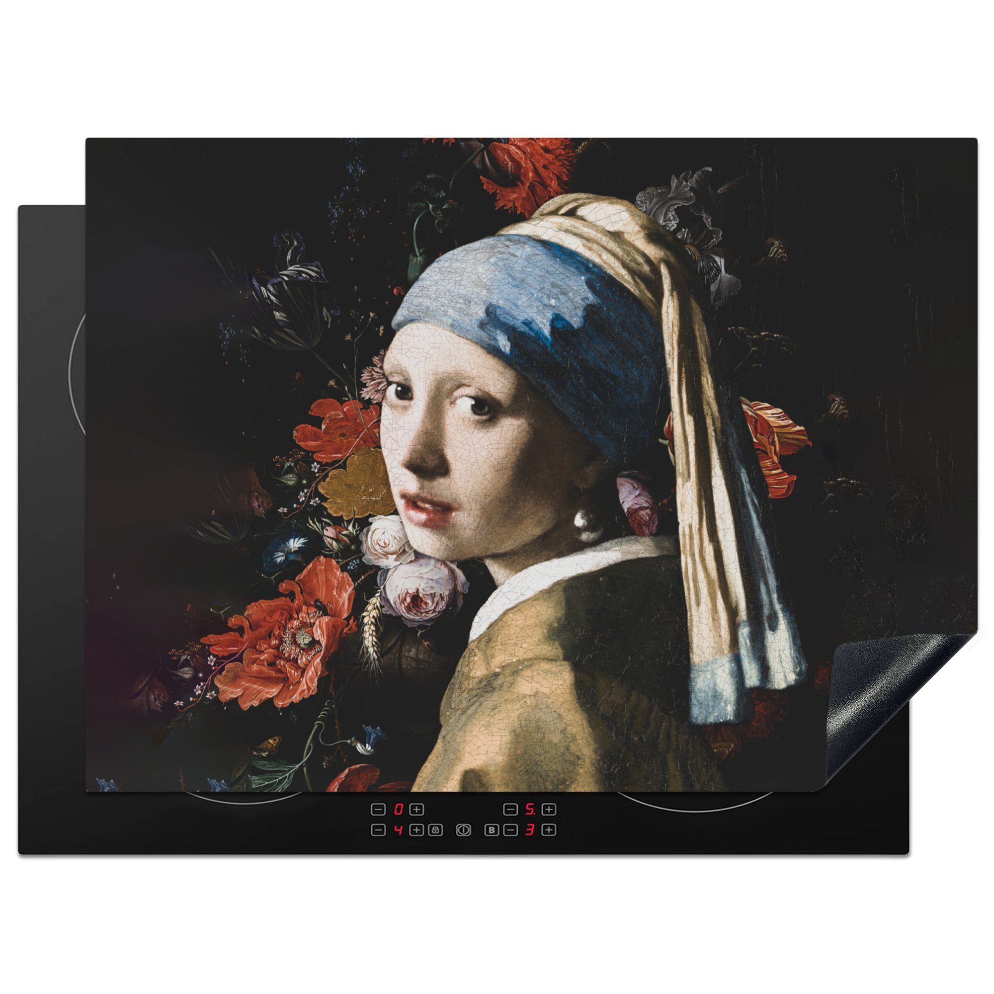 MuchoWow Herdblende-/Abdeckplatte Das Mädchen mit Ceranfeldabdeckung Schutz Vermeer 71x52 Induktionskochfeld tlg), küche, (1 cm, Blumen, - dem die für Vinyl, Perlenohrring 
