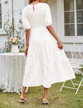 B.X Dirndl Damen kleid mit Puffärmeln gesmoktem Blumenmuster Spitze Midi-Kleider Mehrlagiges Blumen für Damen mit Rundhalsausschnitt Rüschen kleid