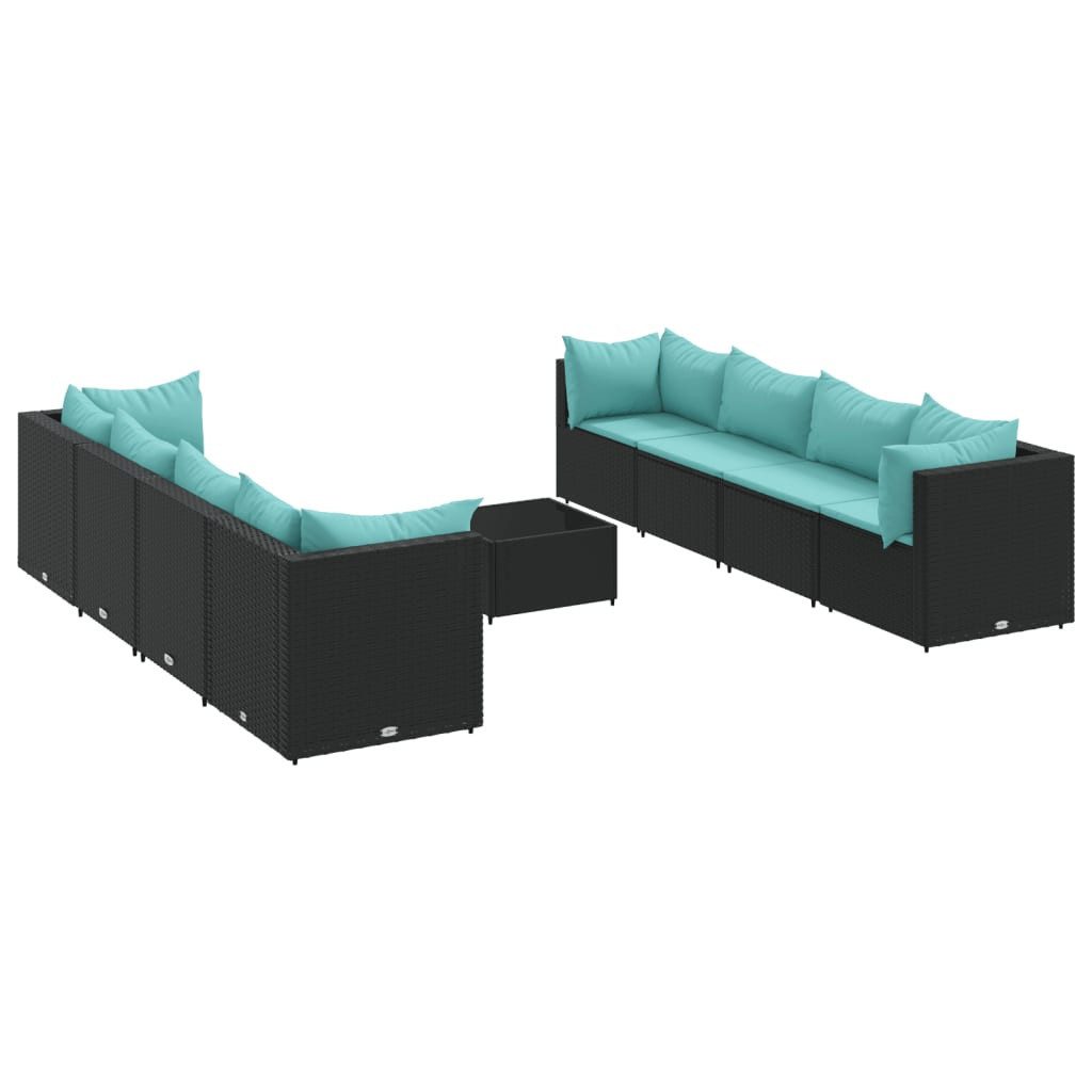 vidaXL Gartenlounge-Set, 9-tlg. Garten-Lounge-Set mit Kissen Schwarz Poly Rattan