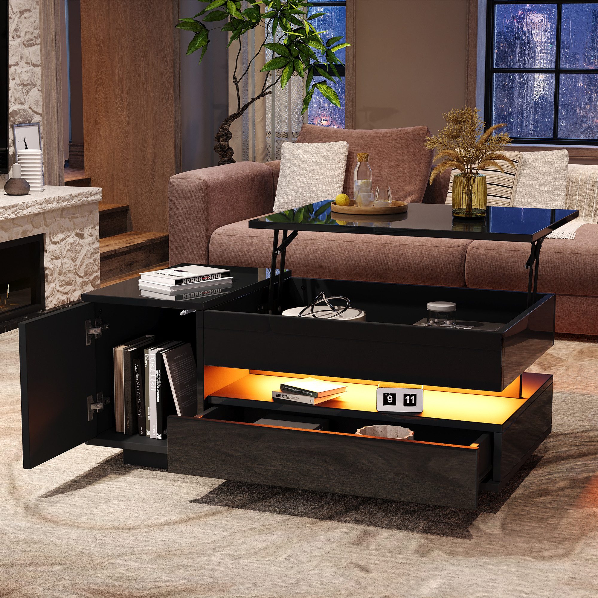 Merax Couchtisch anhebbarer Sofatisch hochglanz Beistelltisch mit LED-Beleu günstig online kaufen