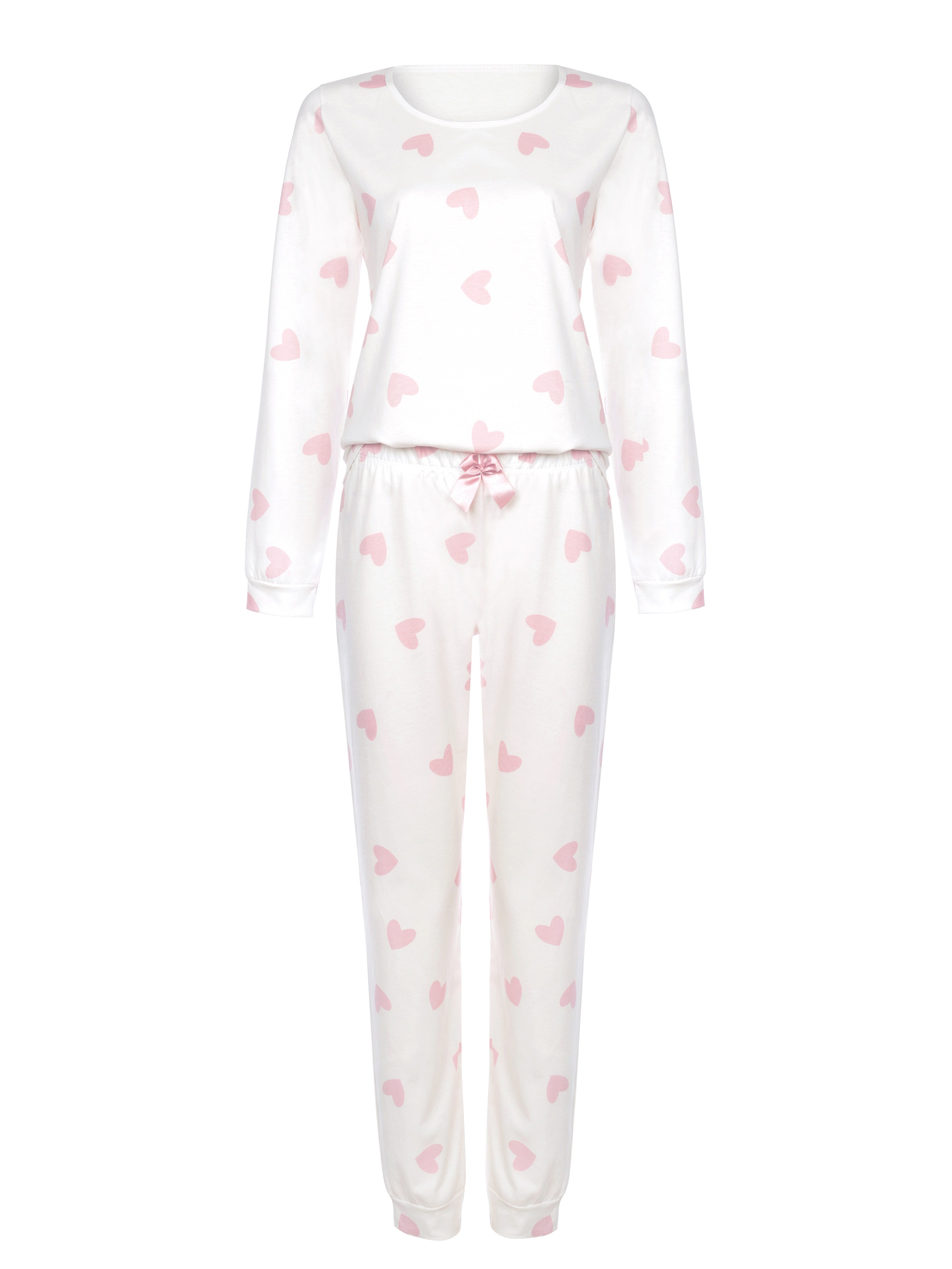 Donna Pyjama Schlafanzug mit Herzchen All-Over-Print günstig online kaufen