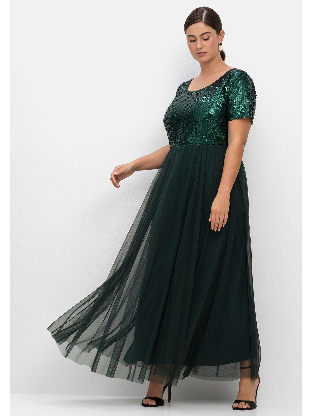 Größen Abendkleid tiefgrün in Sheego Große A-Linie mit Pailletten