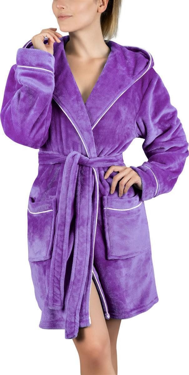 Gräfenstayn Damenbademantel Bademantel Damen flauschig Kapuze Kuschelfleece leicht kurz, warm & kuschelig, Knielang, Fronttaschen, Gürtel, S-XXL