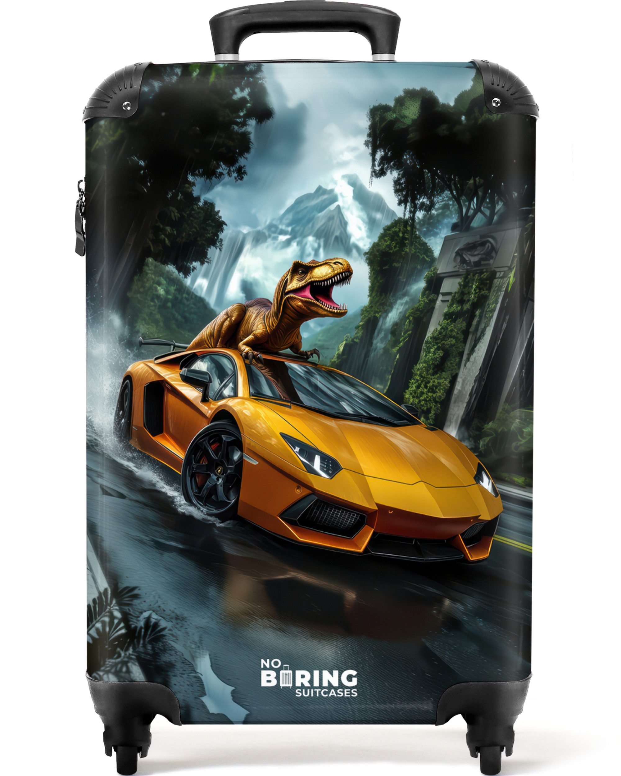 NoBoringSuitcases.com© Kinderkoffer T-Rex auf orangefarbenem Sportwagen im verregneten Wald 55x35x20cm, 4 Rollen, Handgepäck Koffer, Hartschalenkoffer Kinder, Reisekoffer Jungen