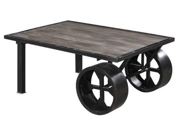 Massivmoebel24 Couchtisch RAILWAY (Außergewöhnlicher Couchtisch im Industrial Stil, inklusive metallischer, beweglicher Räder, grau lackiert 110x80x45 Mango montiert)