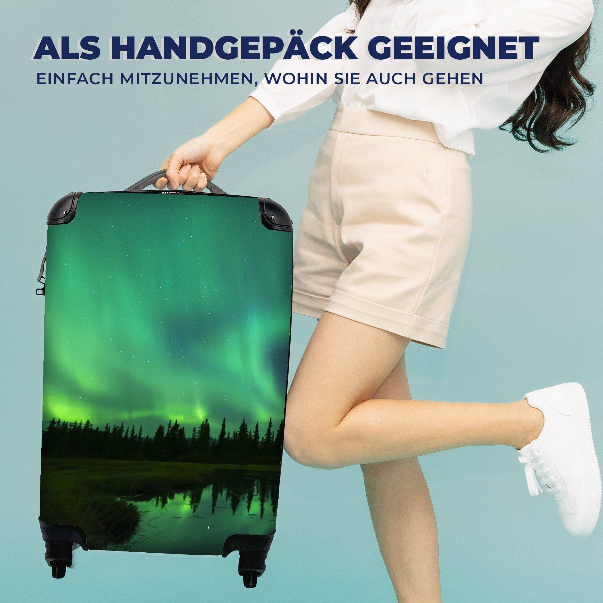 Alaska, - Nordlicht Ferien, Wasser rollen, Rollen, Trolley, - Bäume Handgepäckkoffer für Reisekoffer Handgepäck - Reisetasche 4 mit MuchoWow