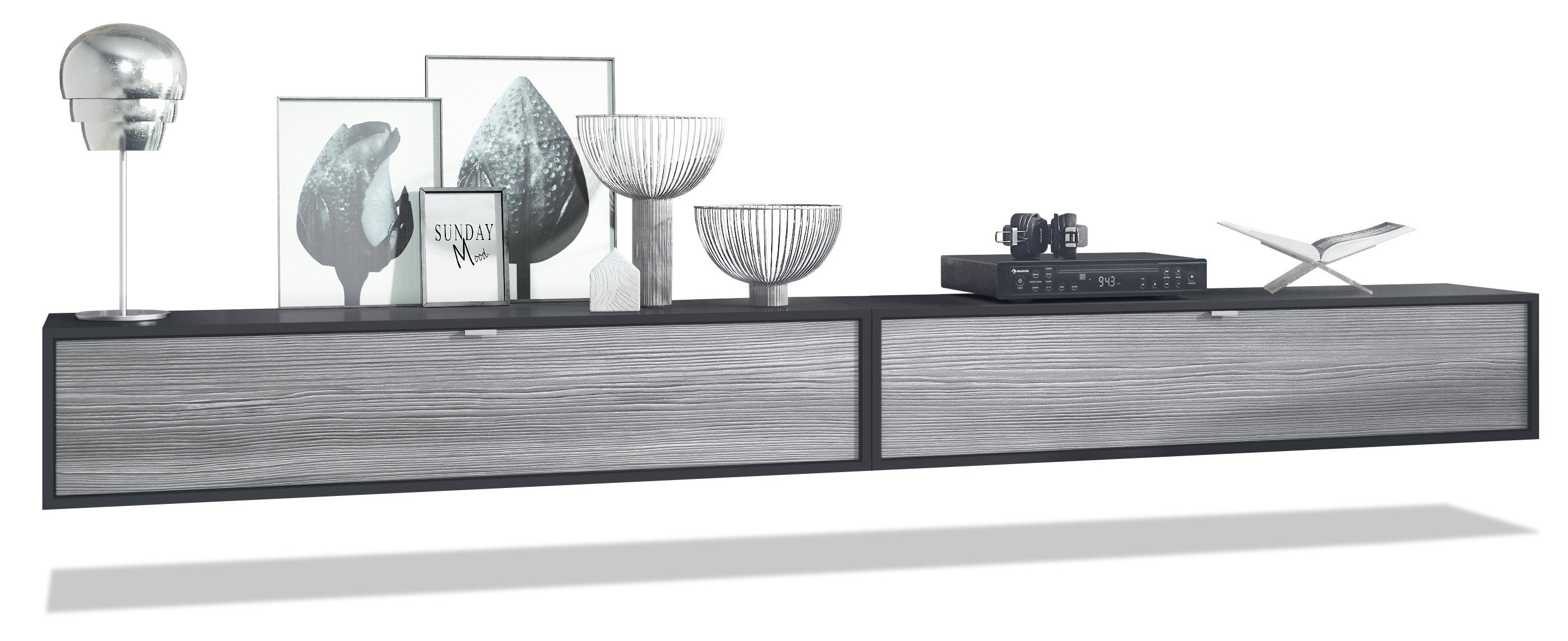 Vladon Lowboard Lana 1400 (2er-Set Tv-Kommode, mit Klappe dahinter 3 Fächer), Schwarz matt/Avola-Anthrazit (140 x 29 x 37 cm)