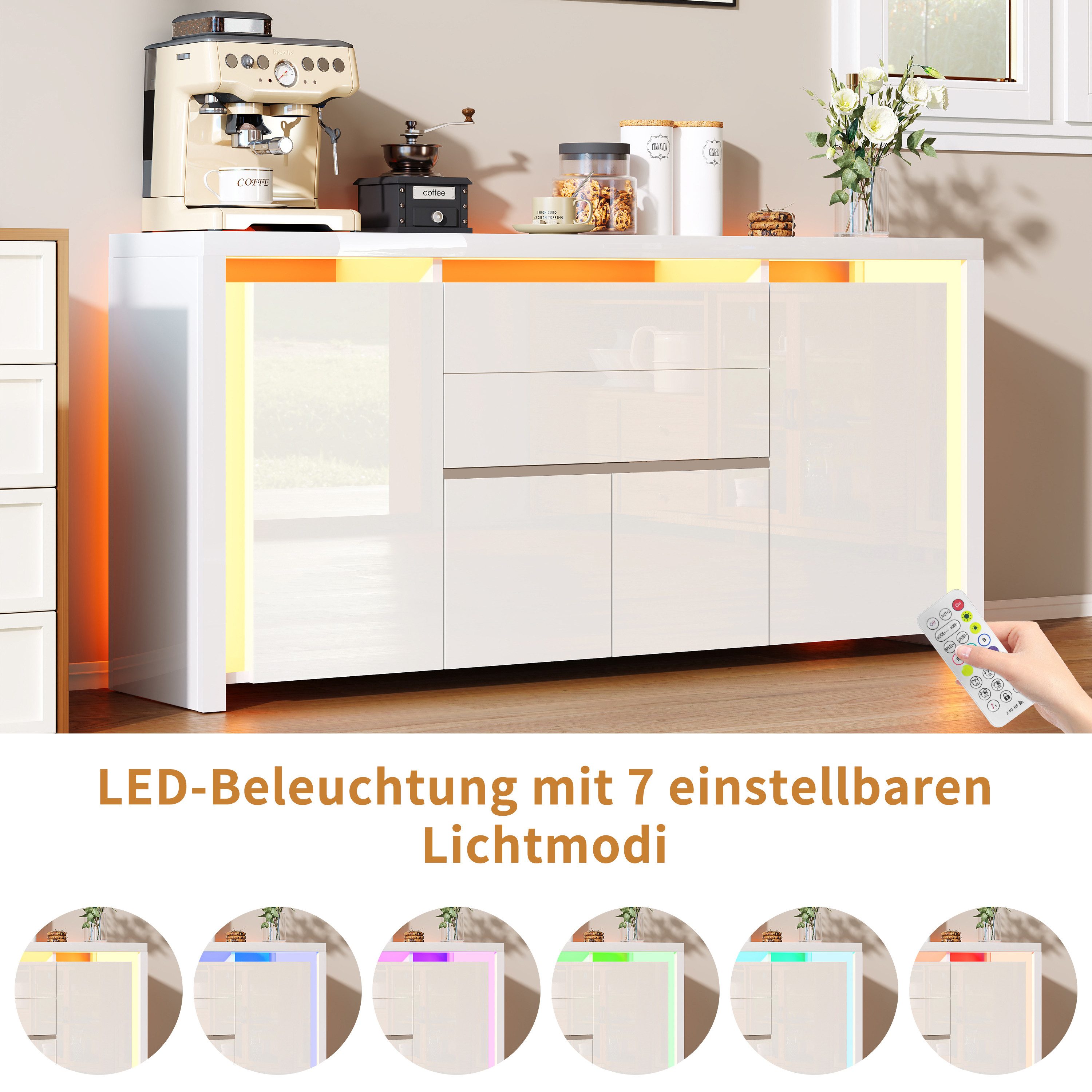 Furnishings Home Sideboard Mehrzweckschrank LED Hochglanz Buffetschrank, Breite 160 cm (1 St., Beistellschrank mit 4 Fächern und 2 Schubladen), Hochglanz mit LE – Bild 5 von 5