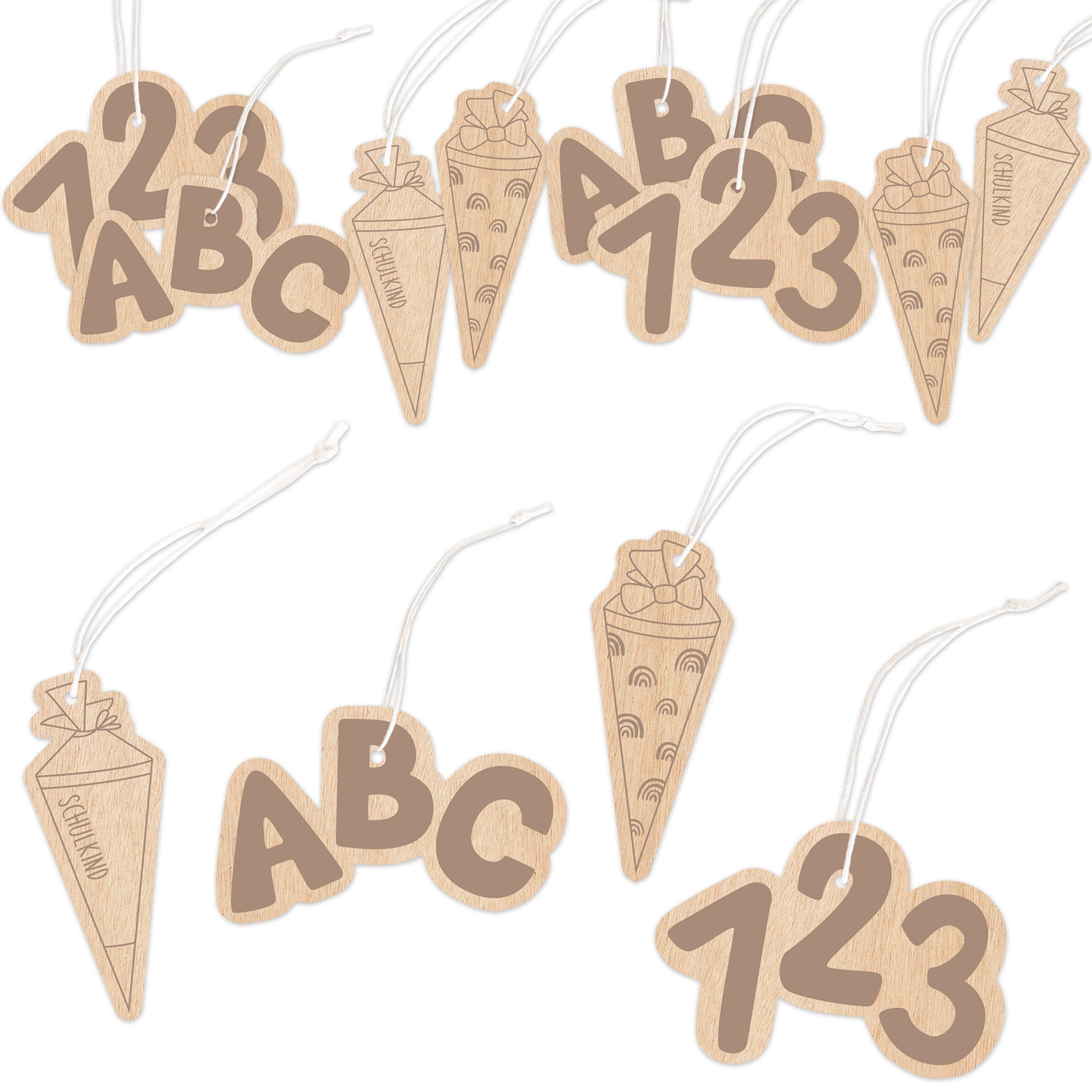 PAPIERDRACHEN Hängedekoration 12 Holzanhänger zur Einschulung - 1.Klasse - festliche Dekoration, Dekoration aus Pappelholz