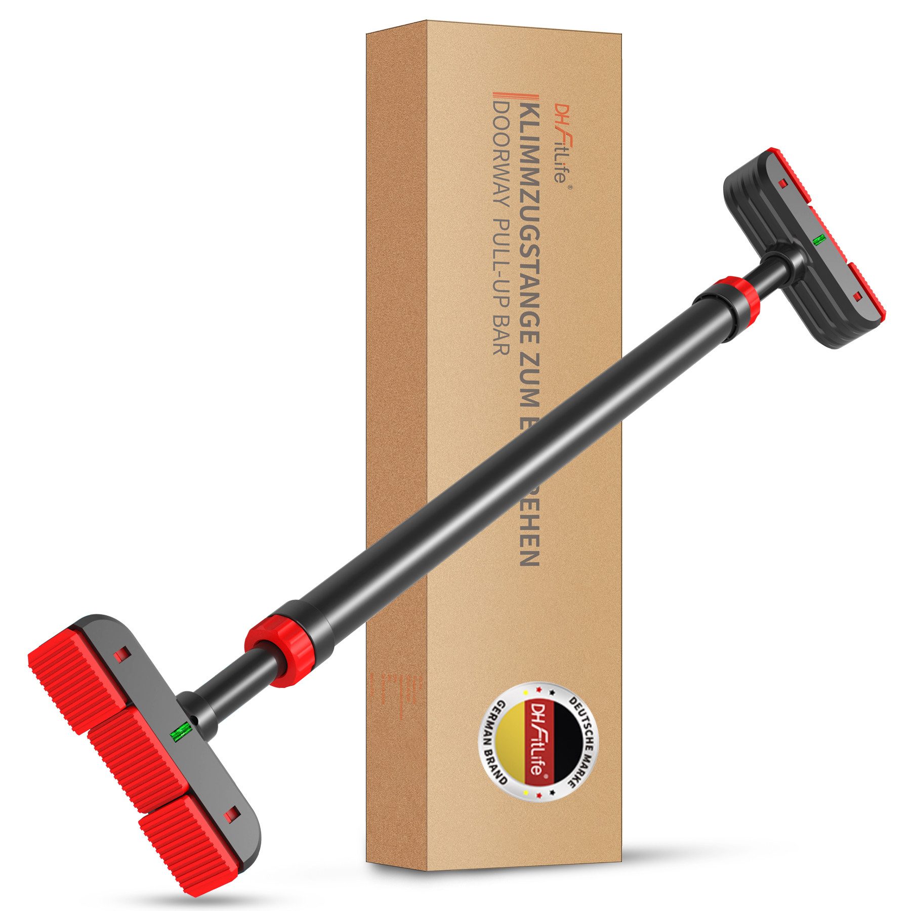 DH FitLife Klimmzugstange Türrahmen ohne Schrauben (Pull up bar Doorway zum Eindrehen, Türreck für Krafttraining, Reckstange für Tür 72-92cm), Mit Wasserwaage