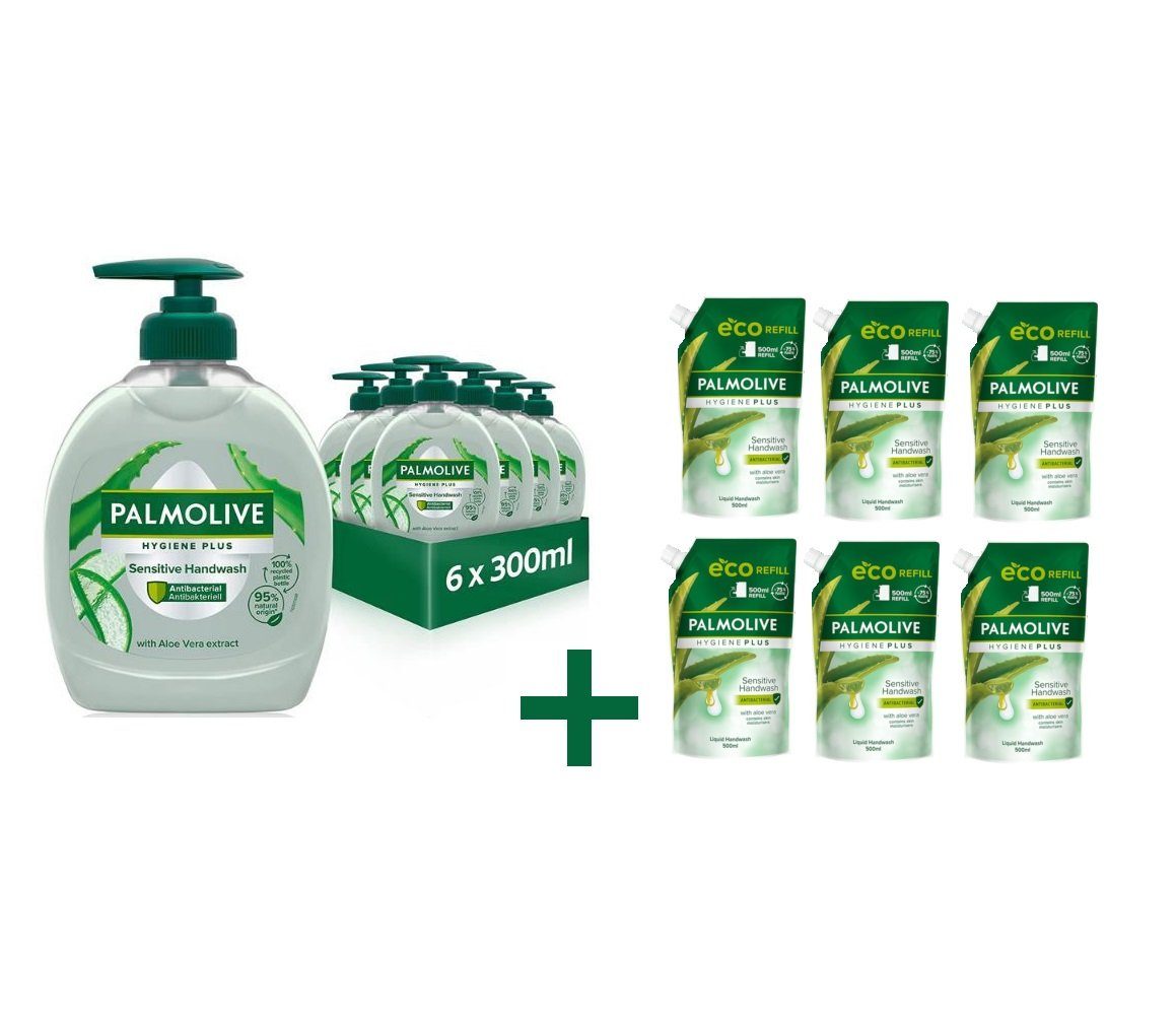 PALMOLIVE Seifen-Set 6x500ml Hygiene Plus Nachfüllpack + 6x300ml Pumpflasche Flüssigseife, 12-tlg., Reinigung Pflege für alle Hauttypen geeignet Seife sanft reinigt
