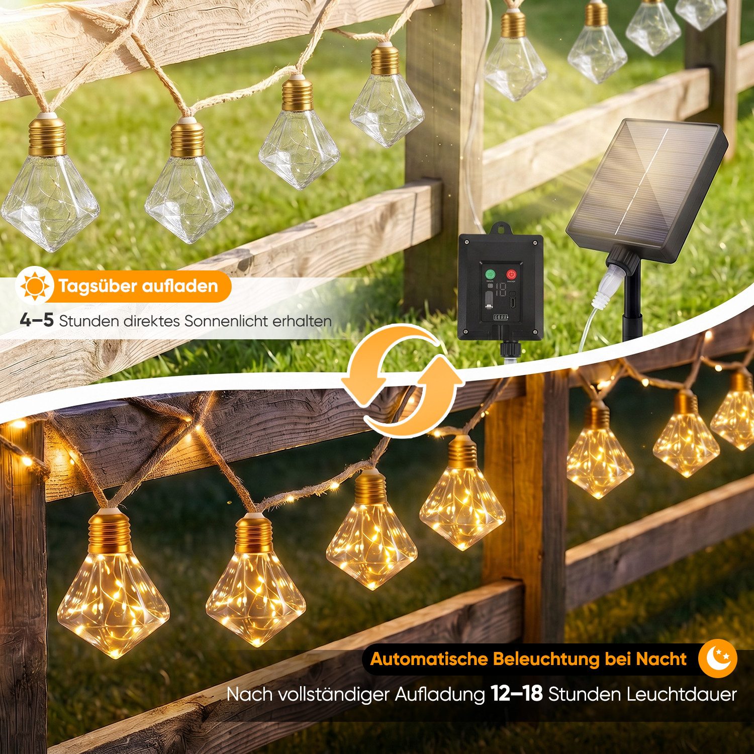 Salcar LED Solarleuchte Solar Lichterkette Warmweiß Hanfseil Glühbirnen Vintage Garten, LED, 5m Lichterkette + 3m Zuleitung, 10 Diamant Glühbirne mit 149 LED