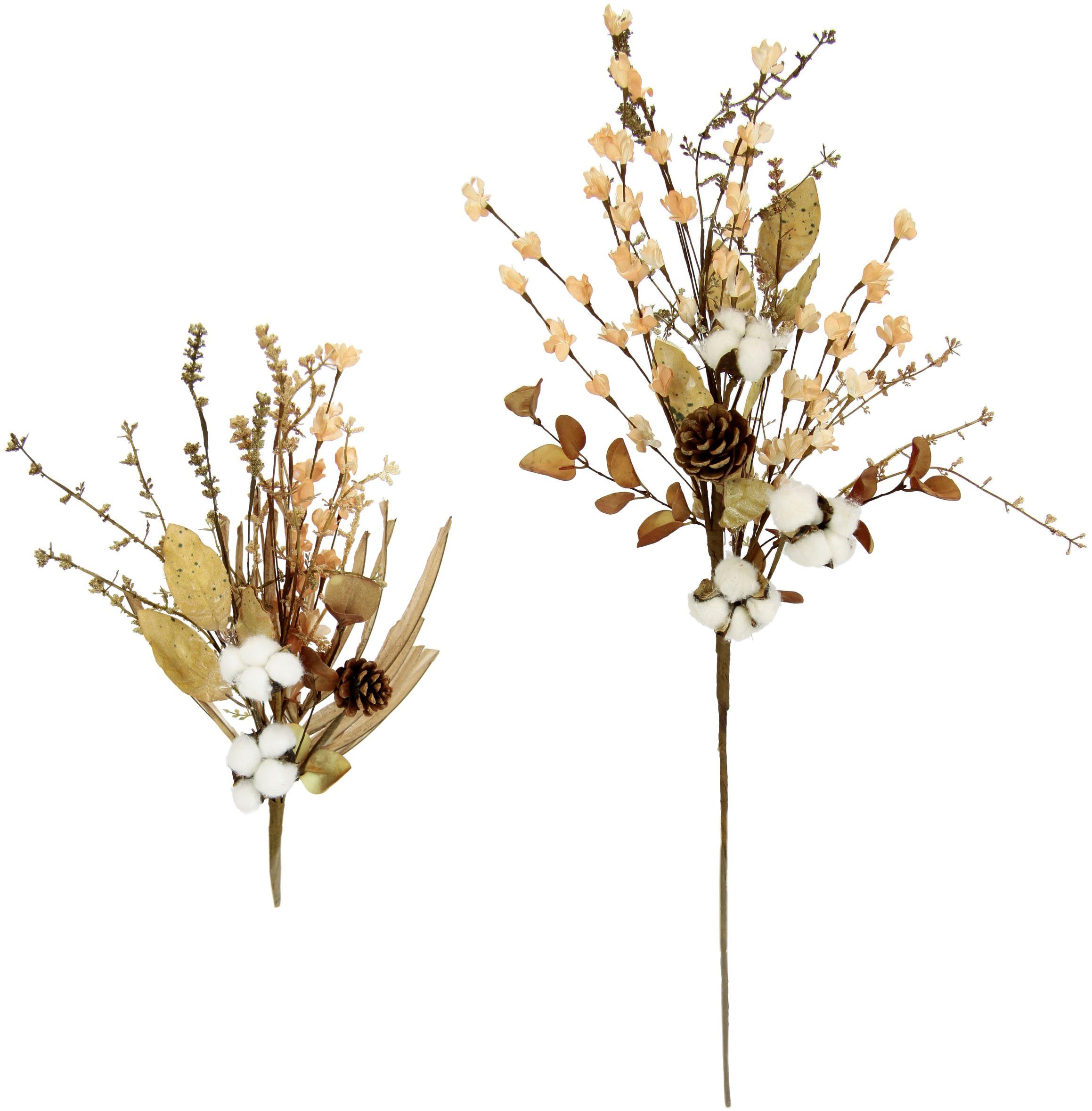 Kunstblume Baumwollzweig mit Blumen Dekozweig Set I.GE.A., 80 Künstliche 2er Herbstzweig cm, Zapfen, Graszweig Höhe