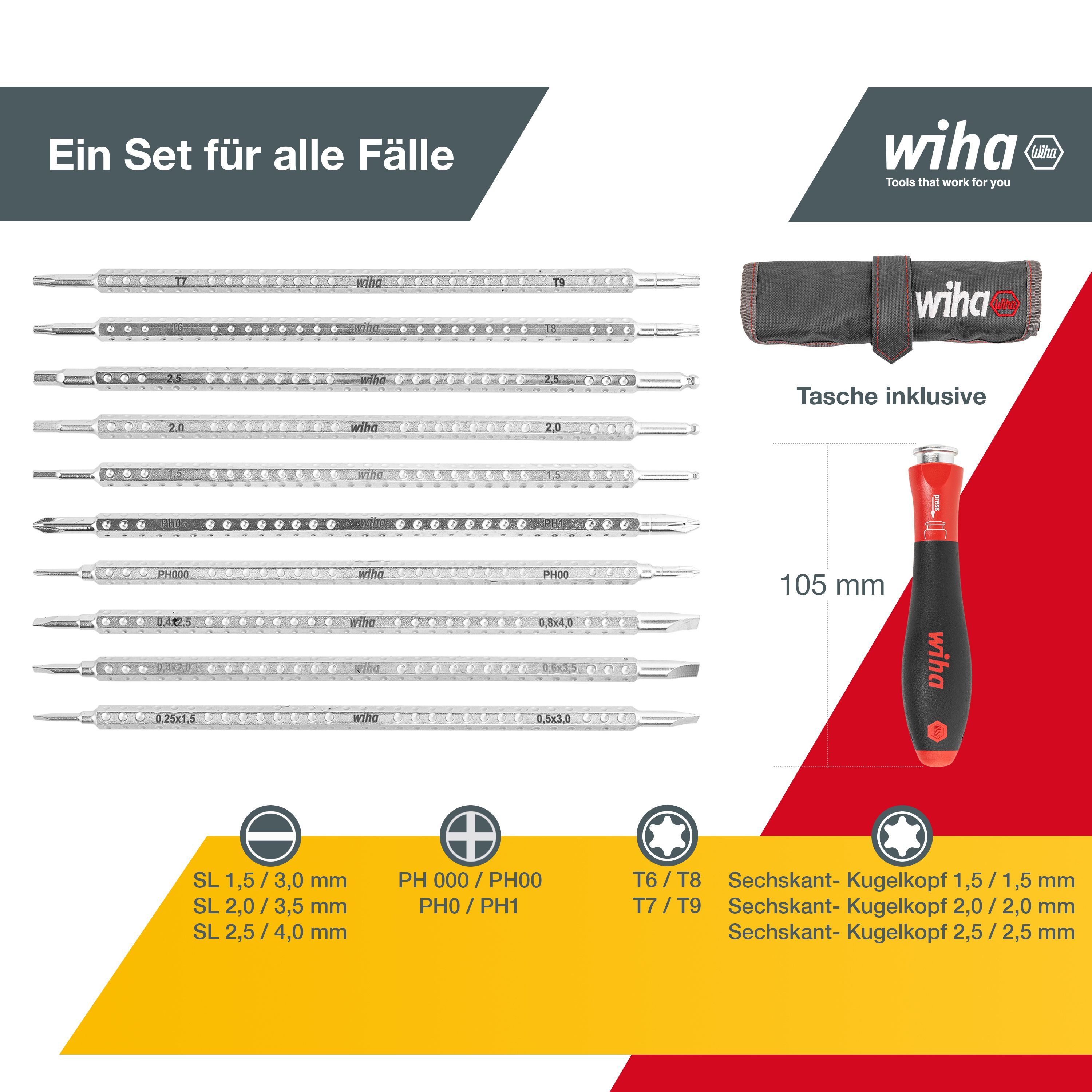 Wiha Schraubendreher SYSTEM 4 (27820) - 12 tlg., Schlitz, Phillips, TORX, Sechskant, variable Klingenlänge