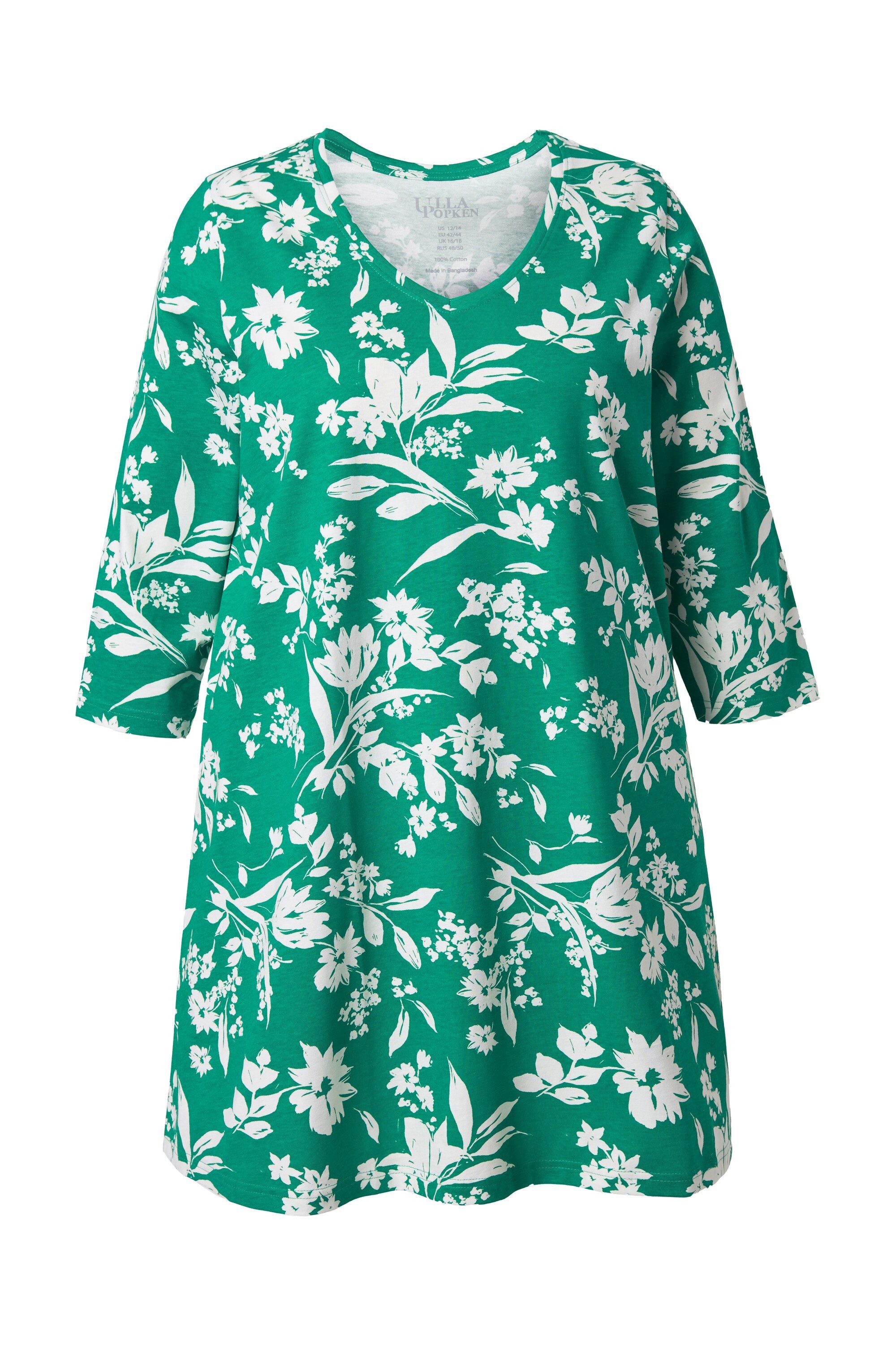 Ulla Popken Longshirt Longshirt Blüten A-Linie V-Ausschnitt 3/4-Arm