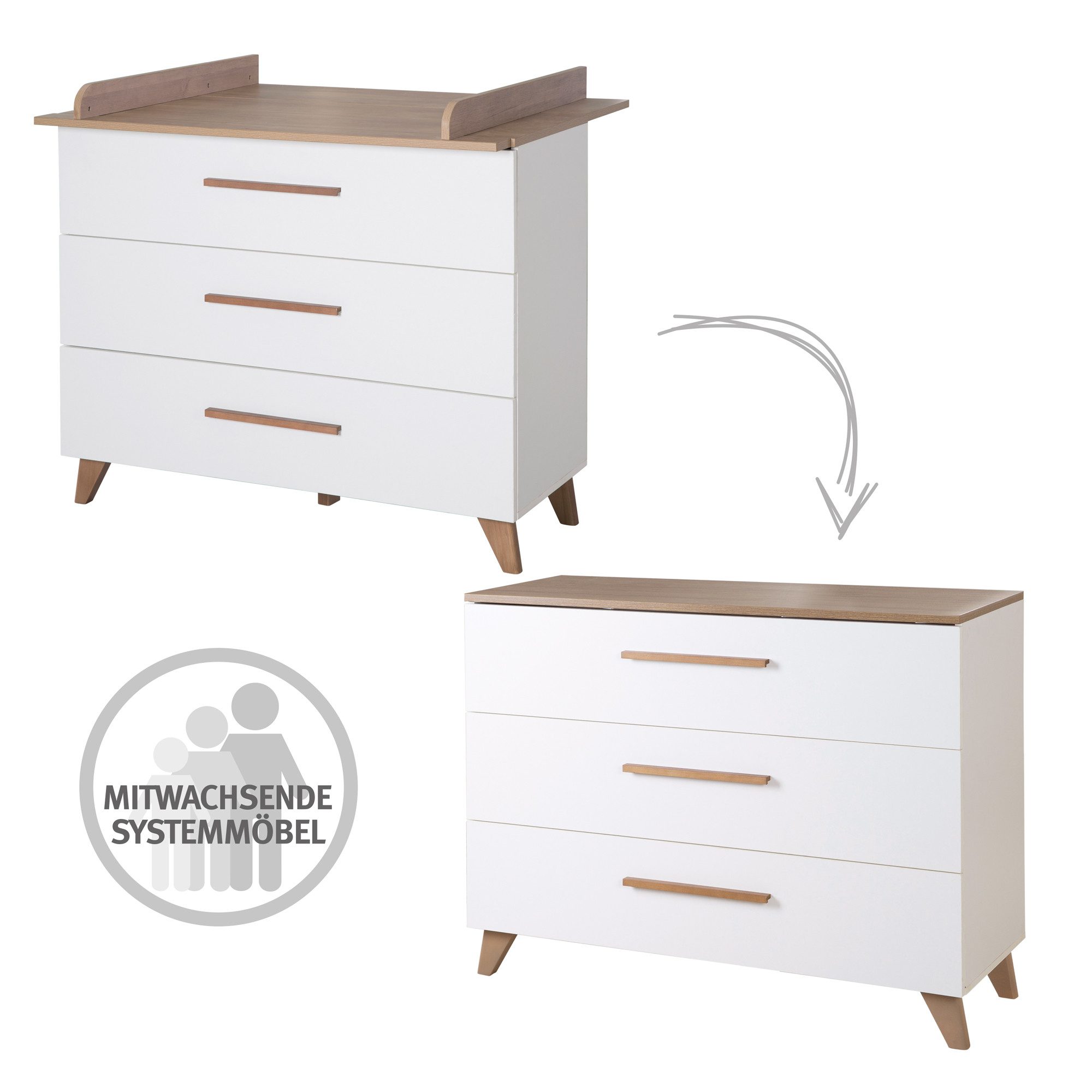 roba® Wickelkommode Ole - Wickeltisch mit Füßen & Griffen aus massiver dunkler Eiche, abnehmbarer Wickelansatz - weiß lackiertes Holz mit Dekor Wotan Eiche – Bild 5 von 5