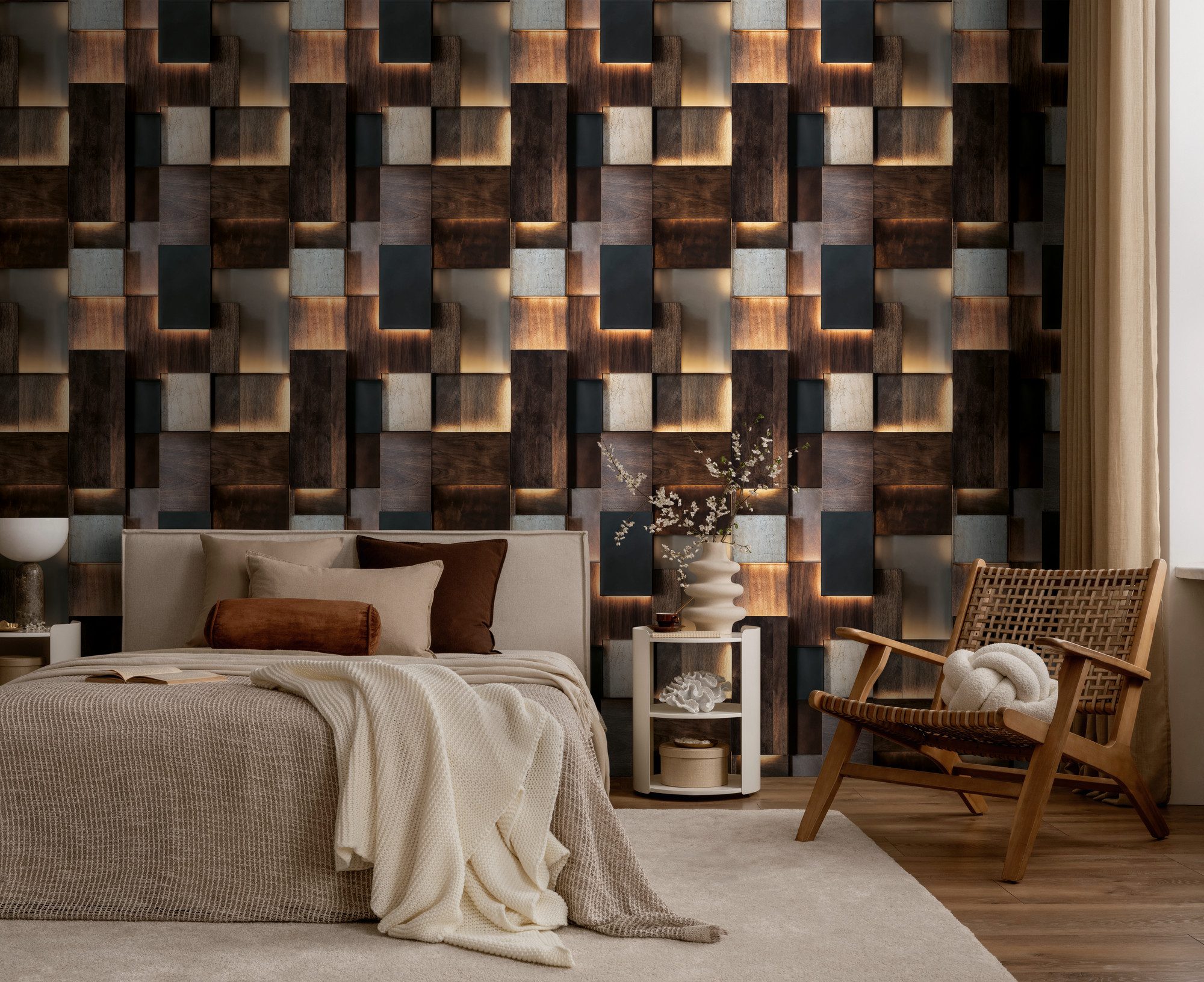 living walls Fototapete The Wall 4 Graphics – Moderne Holzwandverkleidung Vlies-Fototapete, leicht strukturiert, 3D-Optik, Holz, matt, (1 St), Moderne Holzwandverkleidung mit markanter 3D-Wirkung