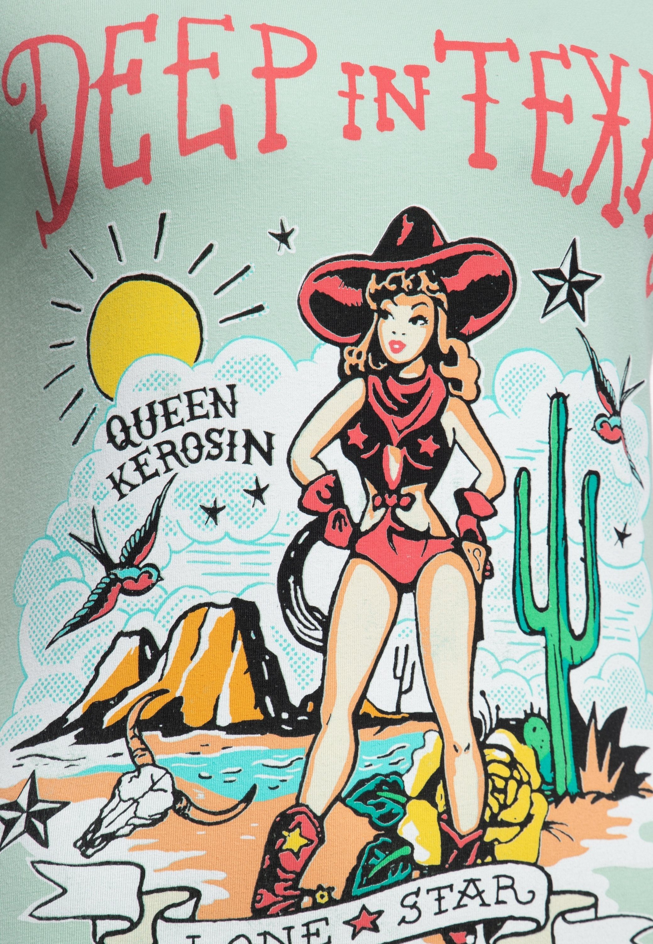QueenKerosin Print-Shirt Retro mit (1-tlg) mint Deep Print Front in Texas