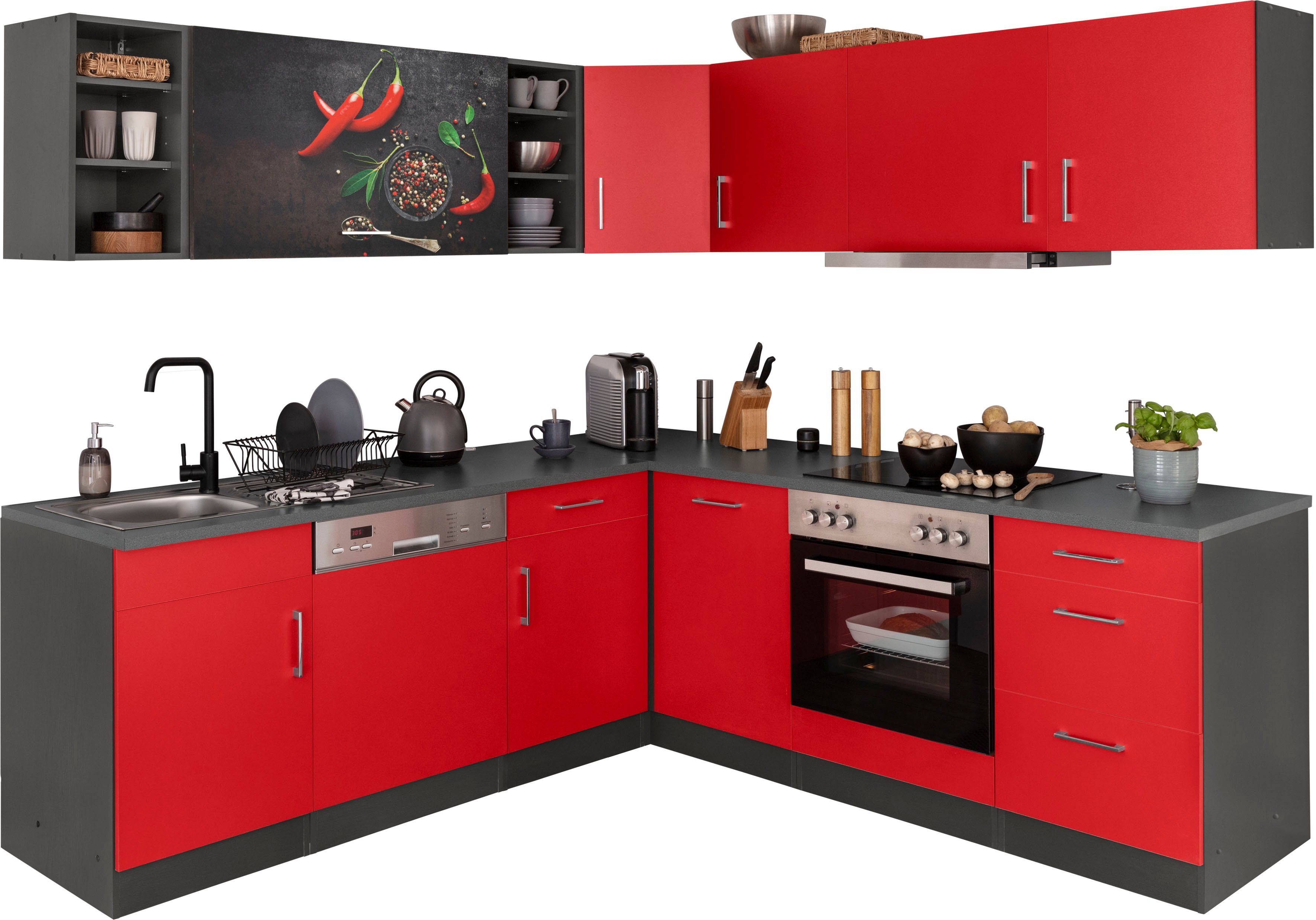 HELD MÖBEL Winkelküche Paris, mit E-Geräten, Stellbreite 220/220 cm rot/grafit | grafit | L-Küchen