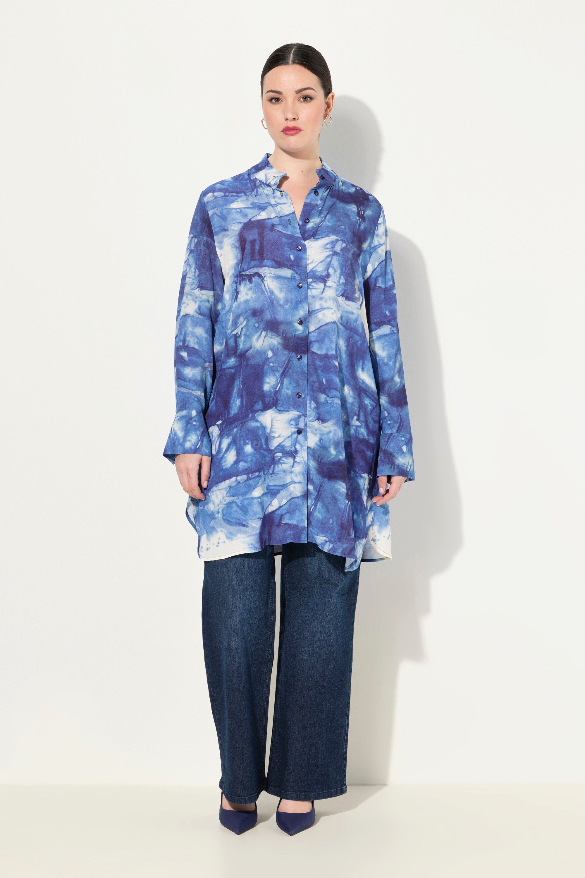 Longbluse Longbluse Batikmuster A-Linie Stehkragen Langarm