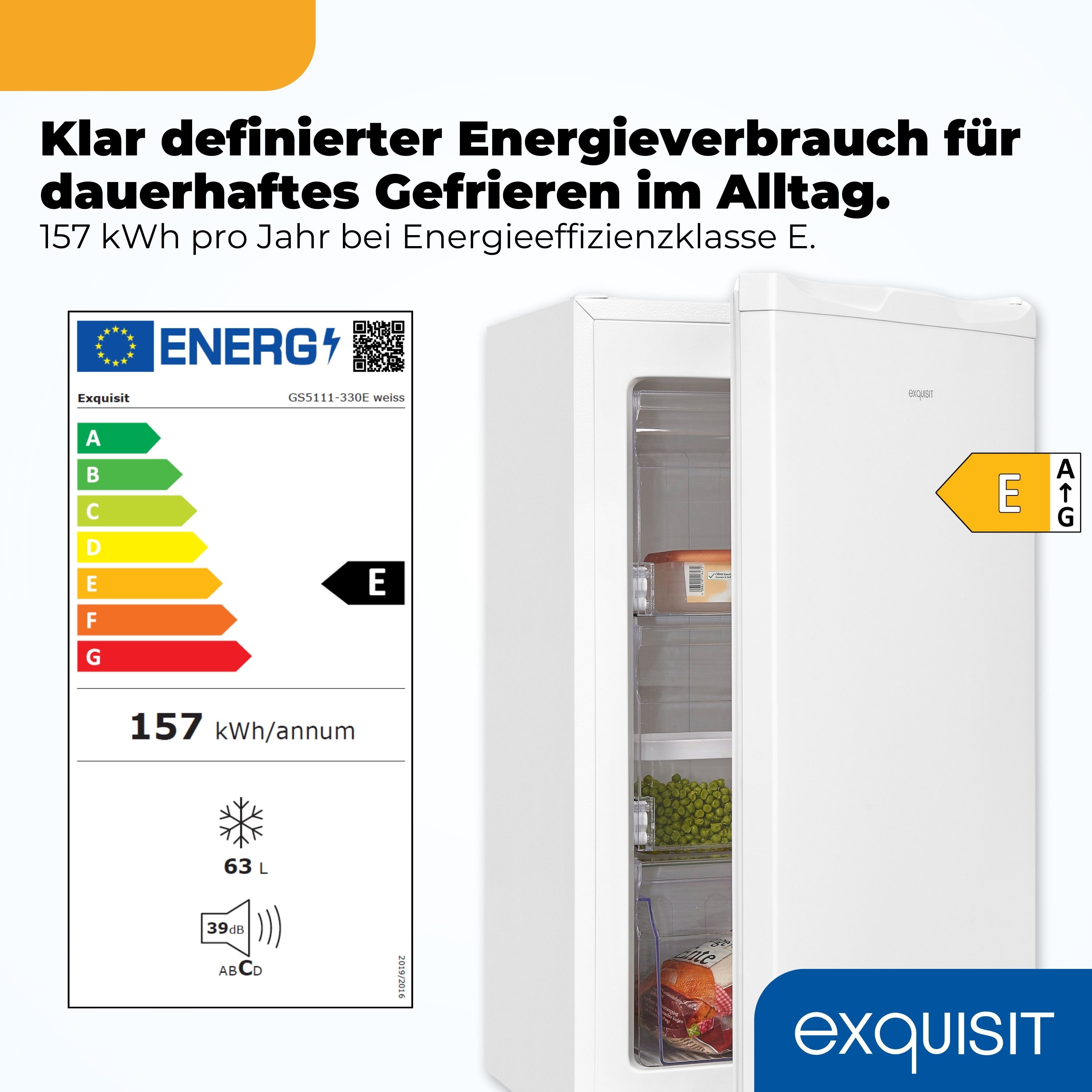 exquisit Gefrierschrank GS5111-330E weiss PV, 82.5 cm hoch, 45.3 cm breit, 63 l Nutzinhalt, 4 Sterne, Energieklasse E, 39 dB Geräuschklasse C