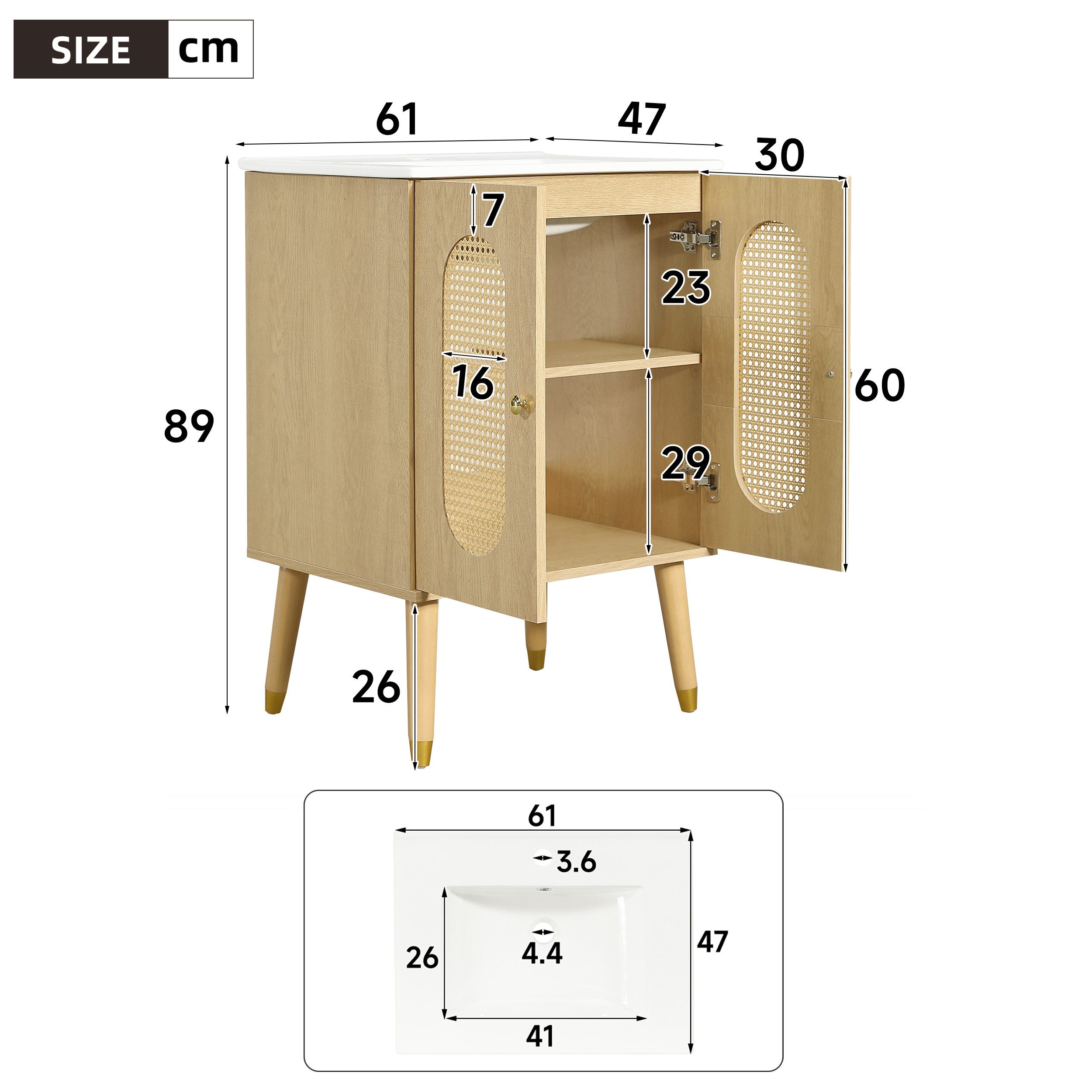 kowdom Waschtisch-Set Freistehender Waschtischschrank 61cm mit Keramikbecken & Rattantüren, Soft-Close-Scharnier/Atmungsaktiv/Überlaufschutz/Feuchteregulierung