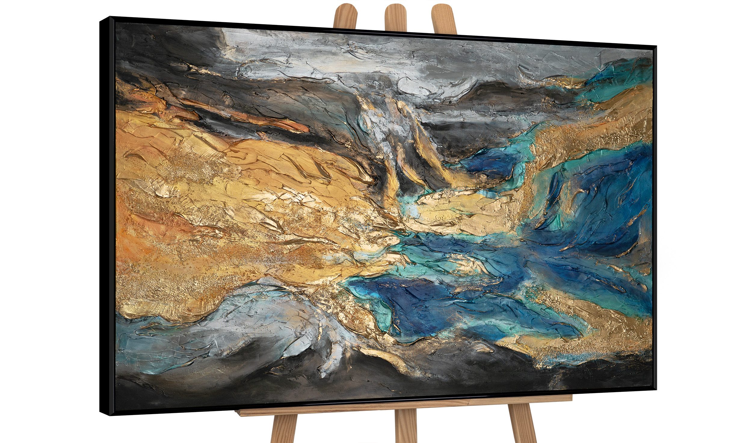 YS-Art Gemälde Abstrakte Symphonie, Abstraktion, Abstraktes Leinwandbild in Schwarz, Blau, Gold gerahmt