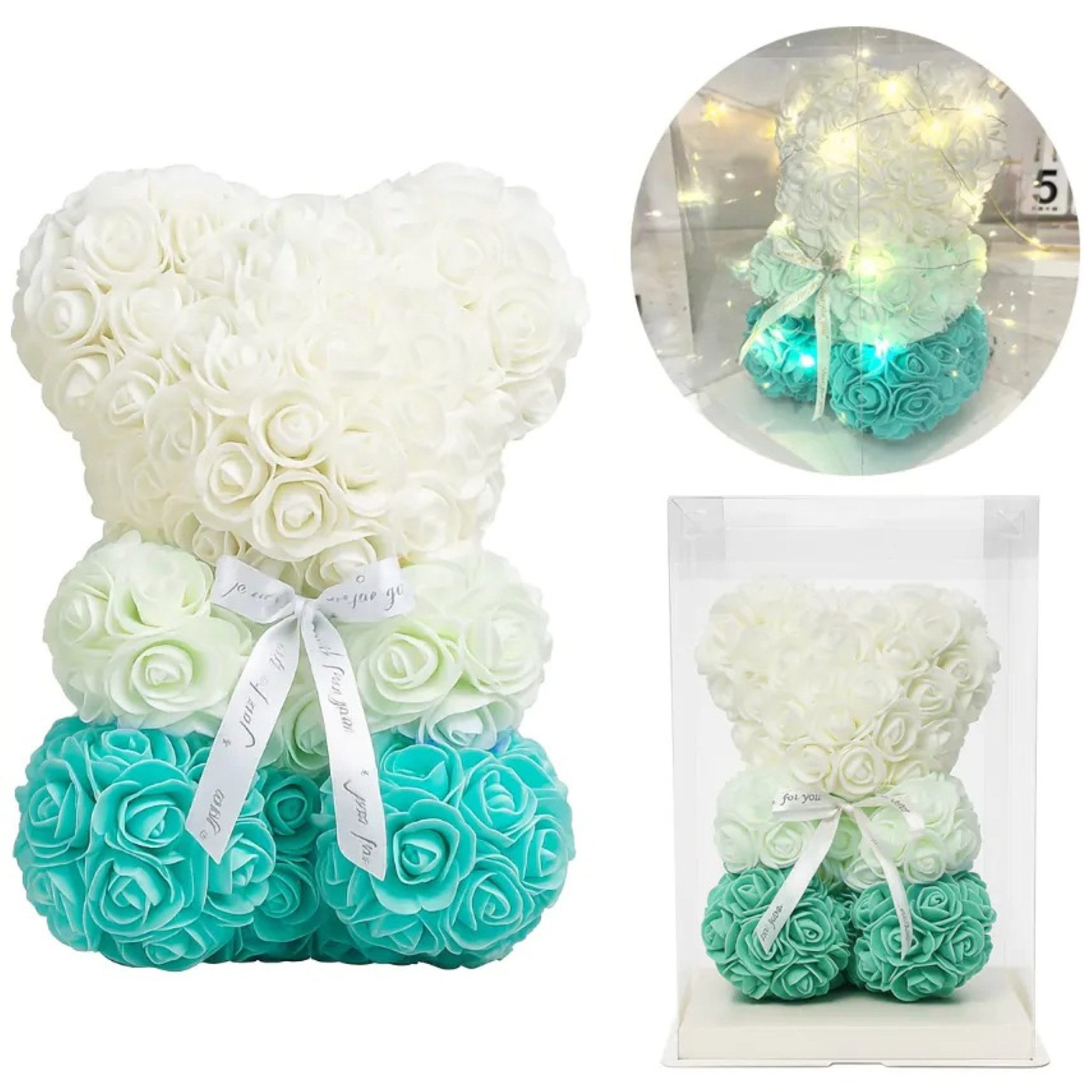 AMORE MIO LED Dekofigur Rosen Teddybär LED Deko Geschenkbox 25 cm Kunstblumen Teddy, LED fest integriert, Warmweiß, Kunstrosen Teddybär LED Beleuchtung Geschenkbox dekorativ