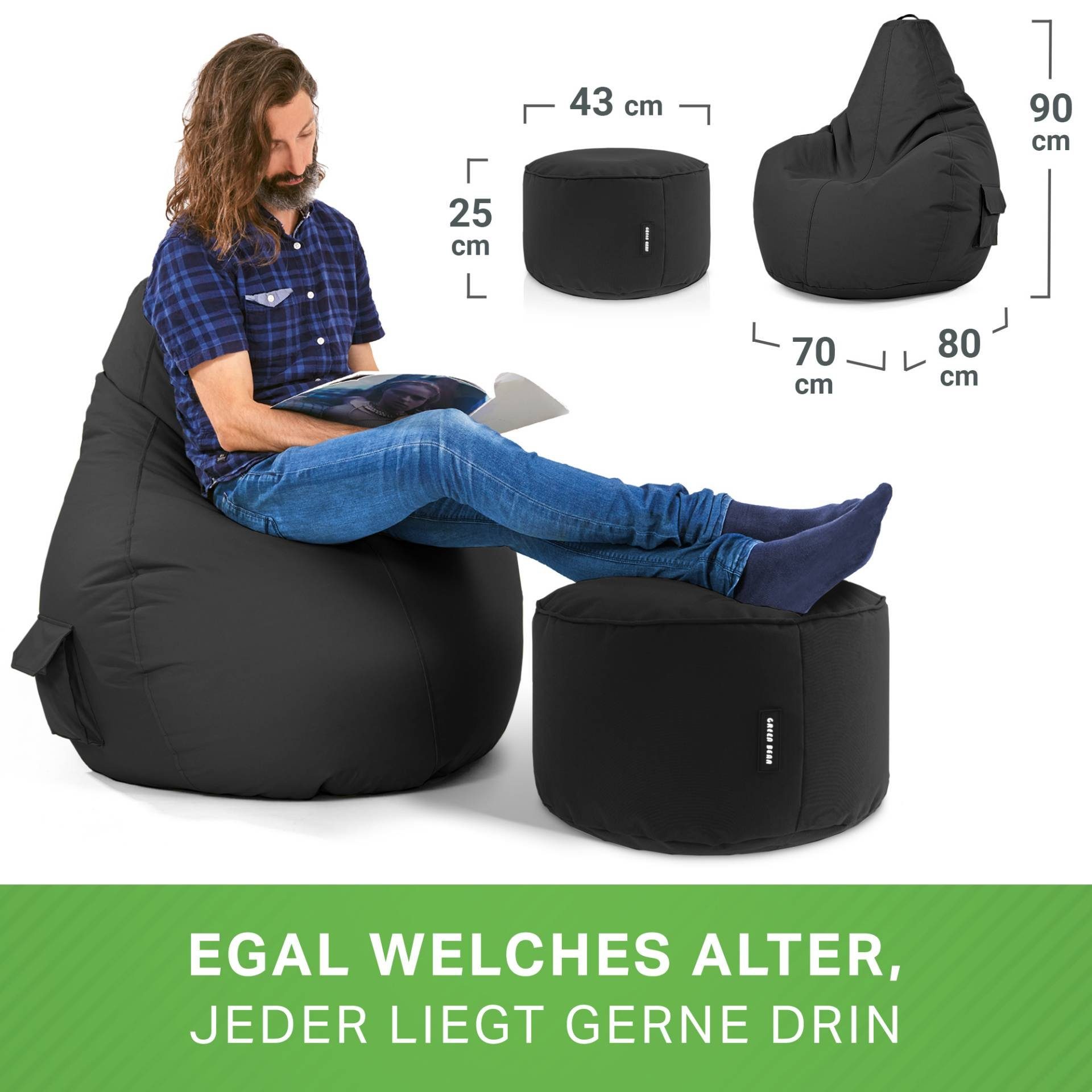 Sitzhocker, Sitzkissen, Green Relax-Sessel + Schwarz Chair Stay, Cozy mit Set Gaming Bean Sitzsack