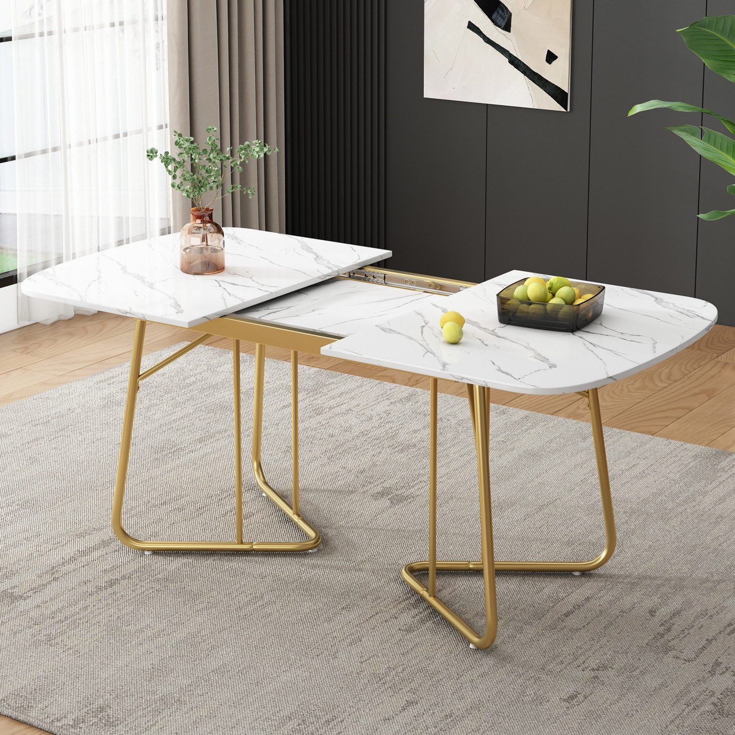 IDEASY Esstisch Erweiterbarer Esstisch Luxus-Design - 140-180x80cm für 4-6 Personen (1 Tisch), Hochwertiges MDF-Material, 60kg Tragkraft, goldfarbene Metallbein – Bild 4 von 5