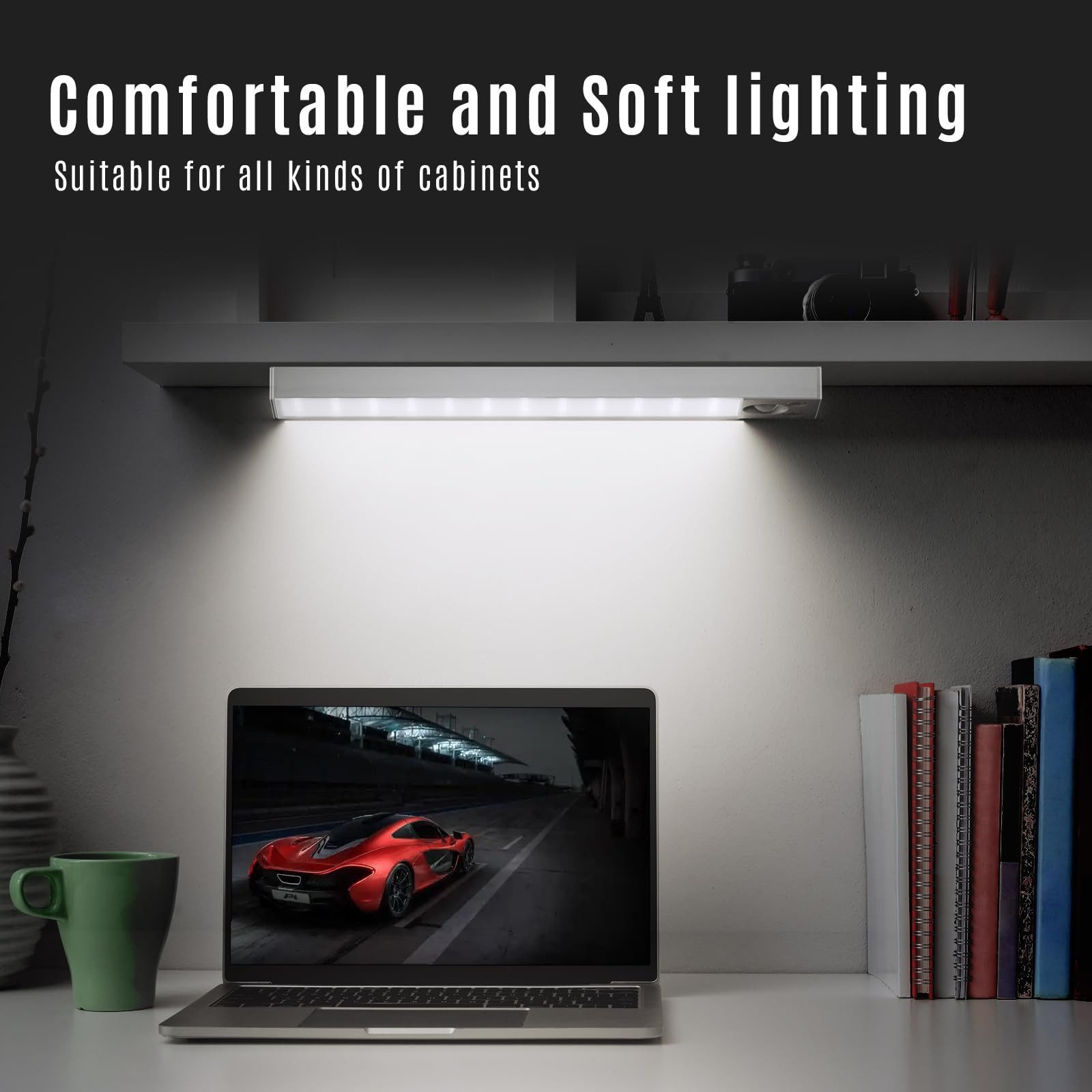 LQWELL LED Unterbauleuchte mit Bewegungsmelder, Dimmbar, Akku, USB-C Wiederaufladbar Schranklicht, 22,5 cm,1500 mAh, Weiß, für Küche, Kleiderschrank, Schlafzimm – Bild 5 von 5