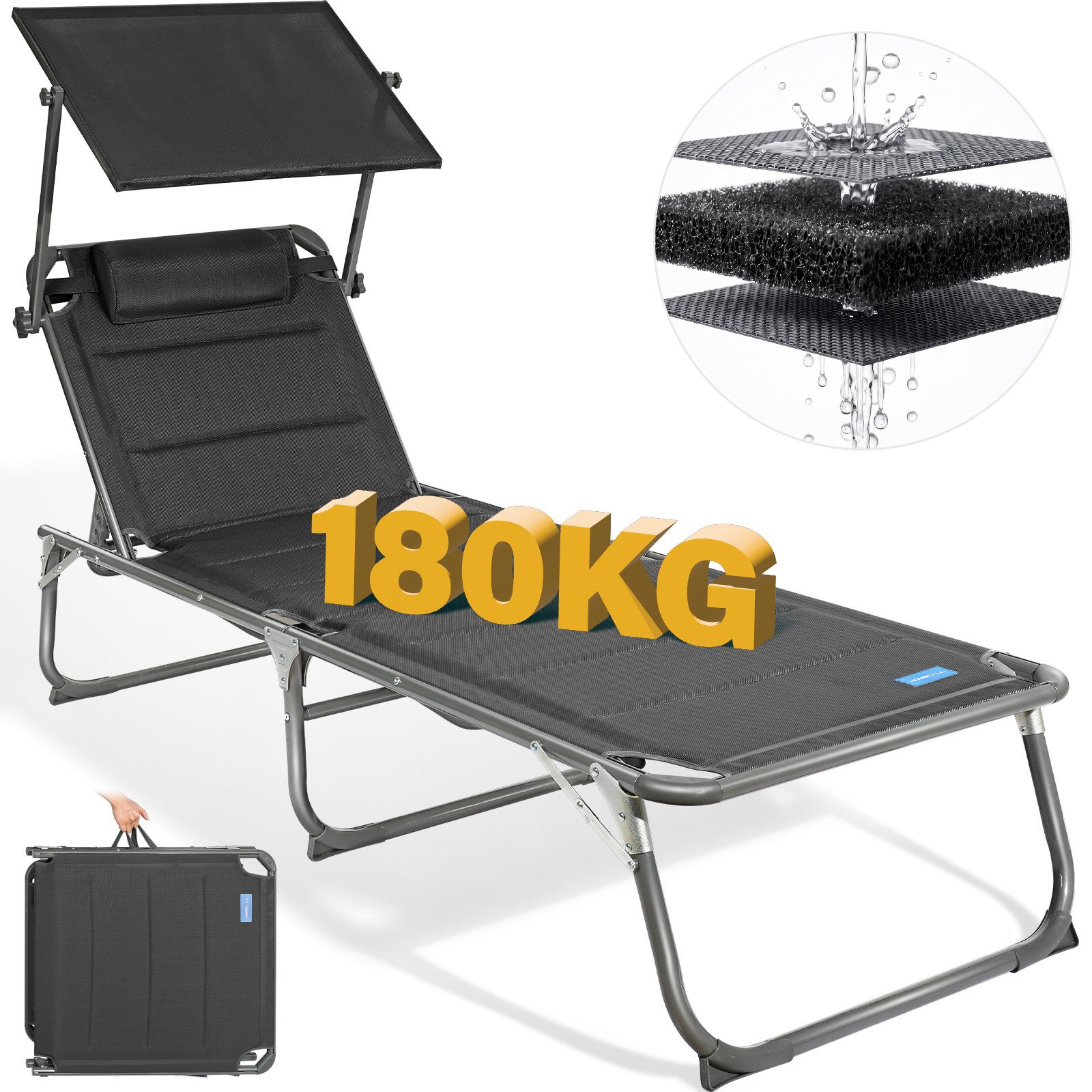 HOMECALL Gartenliege Sonnenliege AluLiege Liegestuhl Strandliege Liegen wetterfest, klappbar, Textilene Mit Dickemschnelltrocknende Schaumstoffpolsterung, Verstellbare Rückenlehne, Sonnenblende, Kopfpolster, bis 180KG